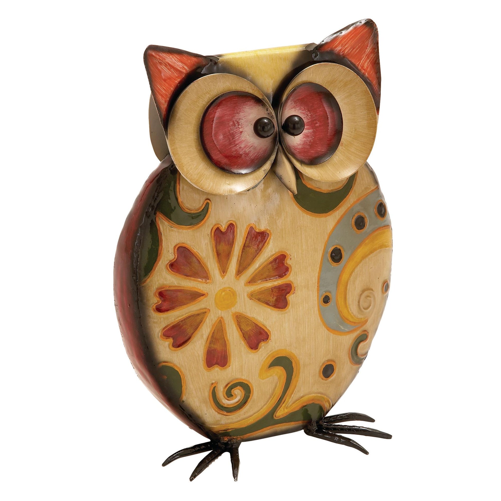 Owl Yellow Metal Indoor Outdoor Decorative Garden Sculpture with Floral Pattern