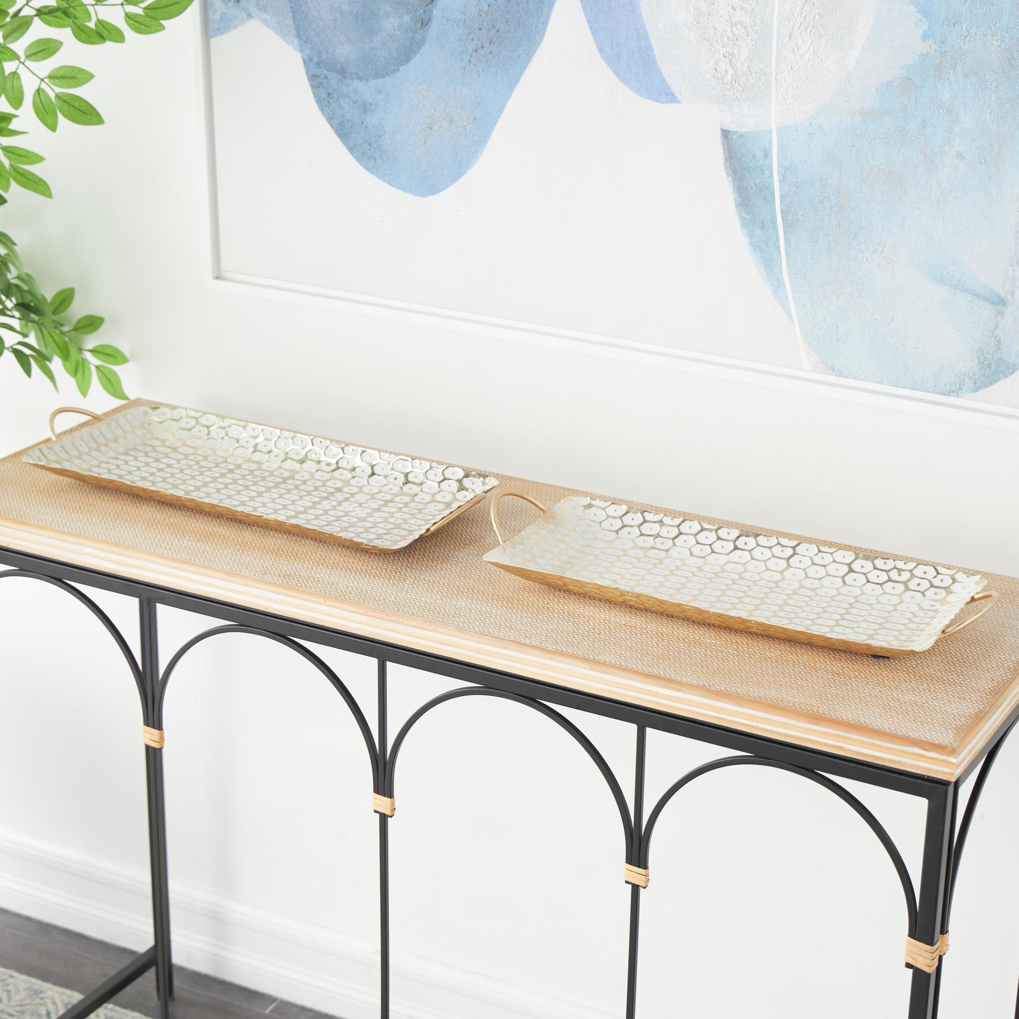 Set of 2 Geometric Gold Metal Geometric Dot Living Room Decor Tray with White Accents