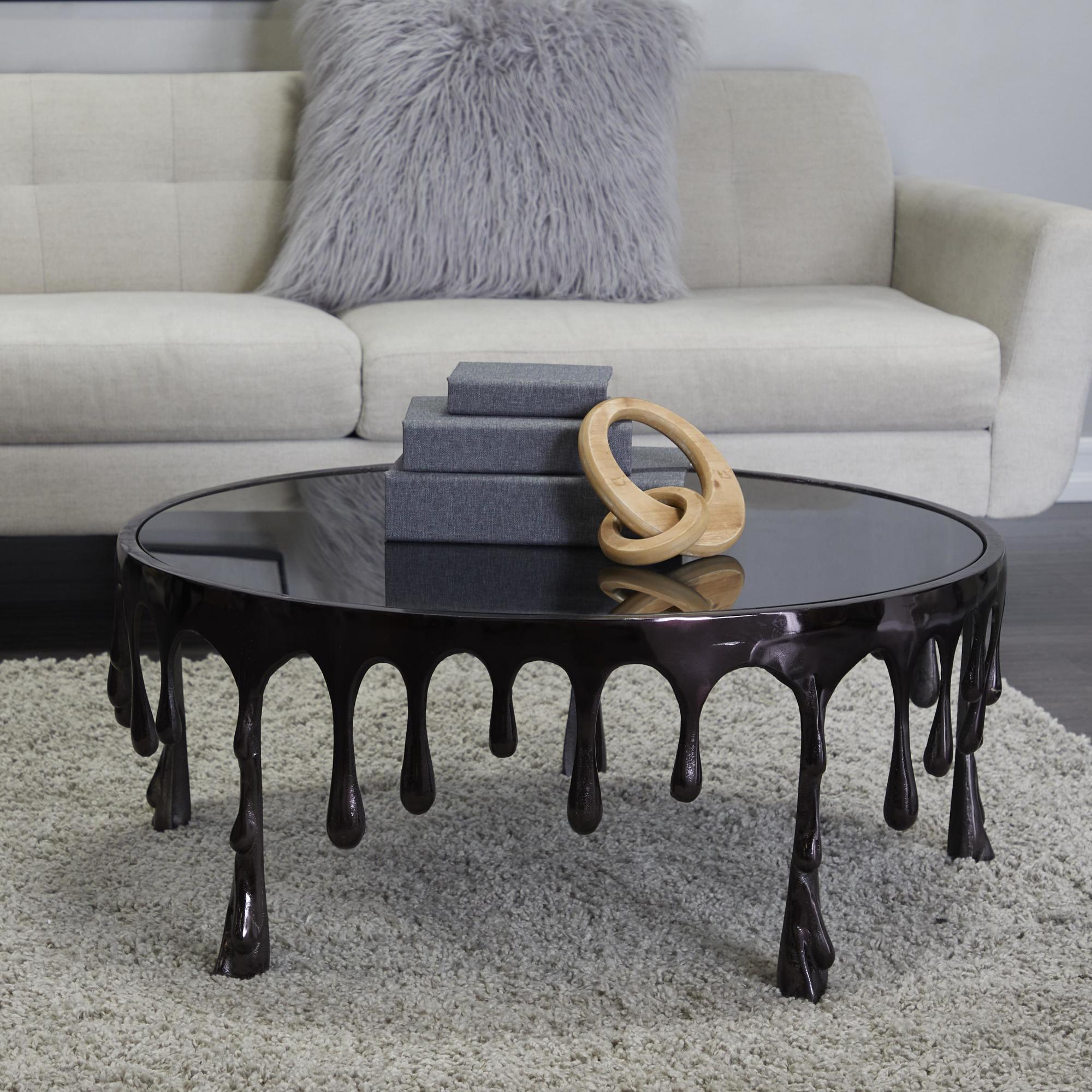Abstract Aluminum Metal Drip Living Room Coffee Table with Melting Designed Legs and Shaded Glass Top