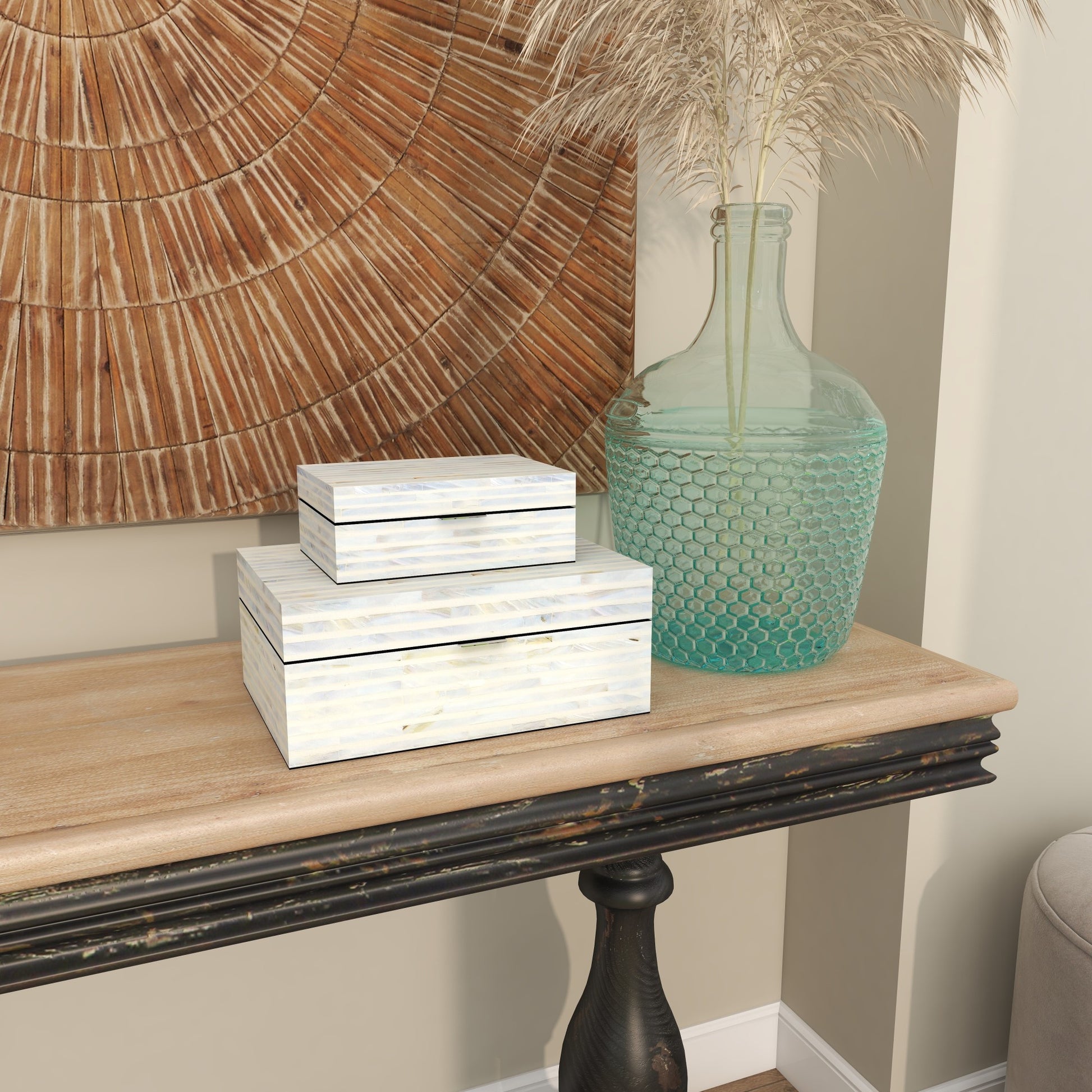 Set of 2 Light Blue Mother of Pearl Shell Handmade Decorative Box with Linear Mosaic Pattern and Hinged Lid