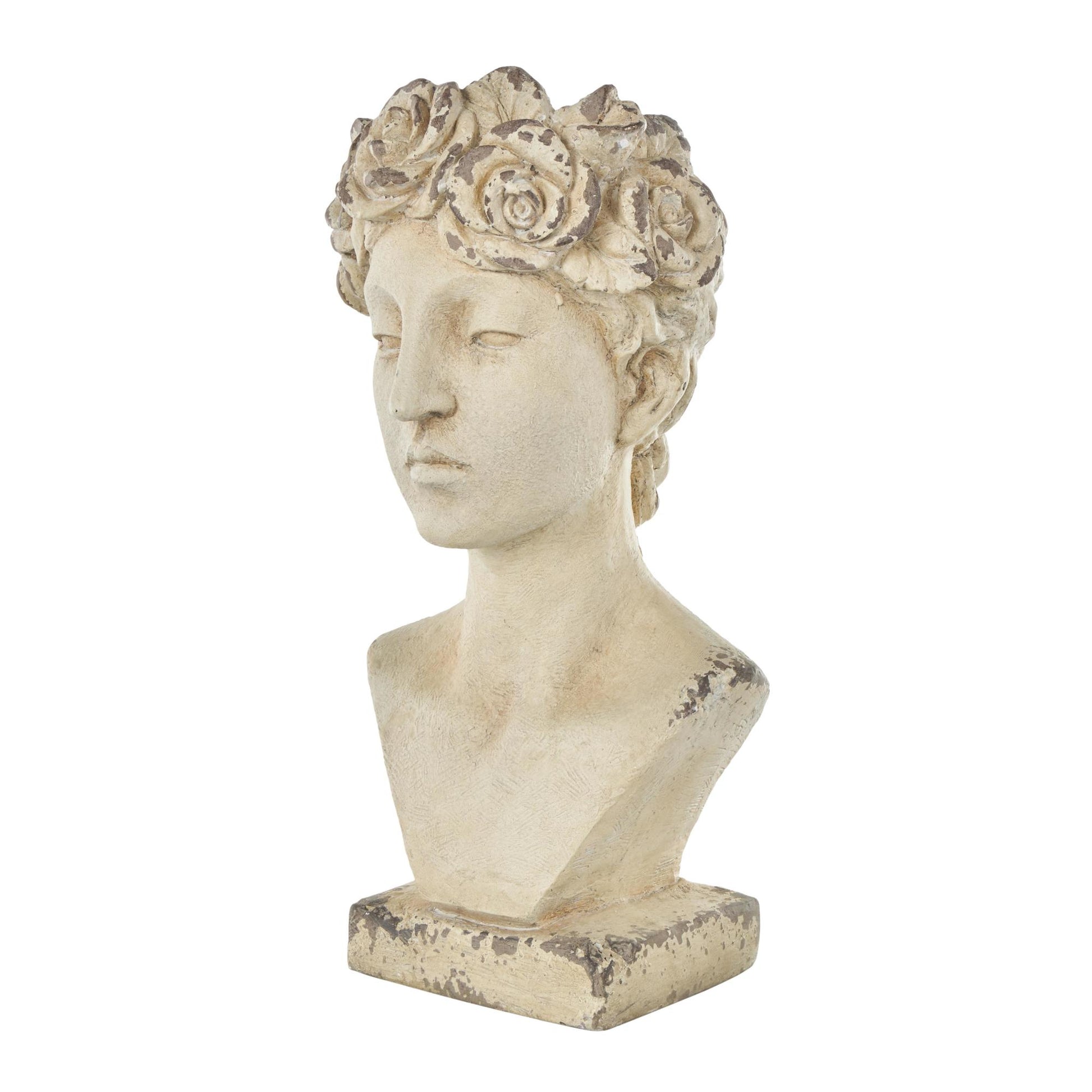 Woman Cream Magnesium Oxide Distressed Antique Greek Bust Indoor Outdoor Planter with Floral Accents
