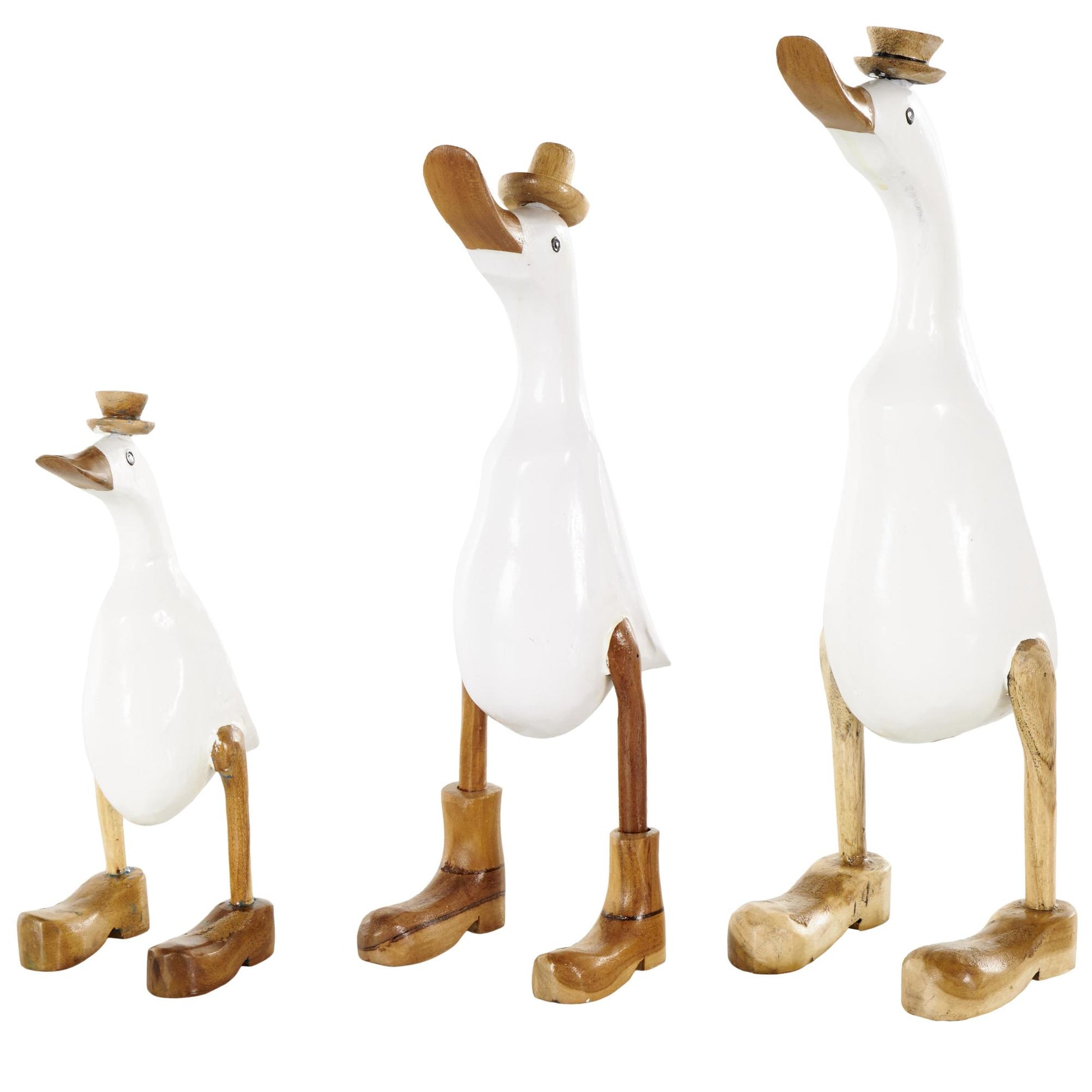 Set of 3 Duck White Bamboo Wood Decorative Sculpture with Brown Top Hats and Shoes