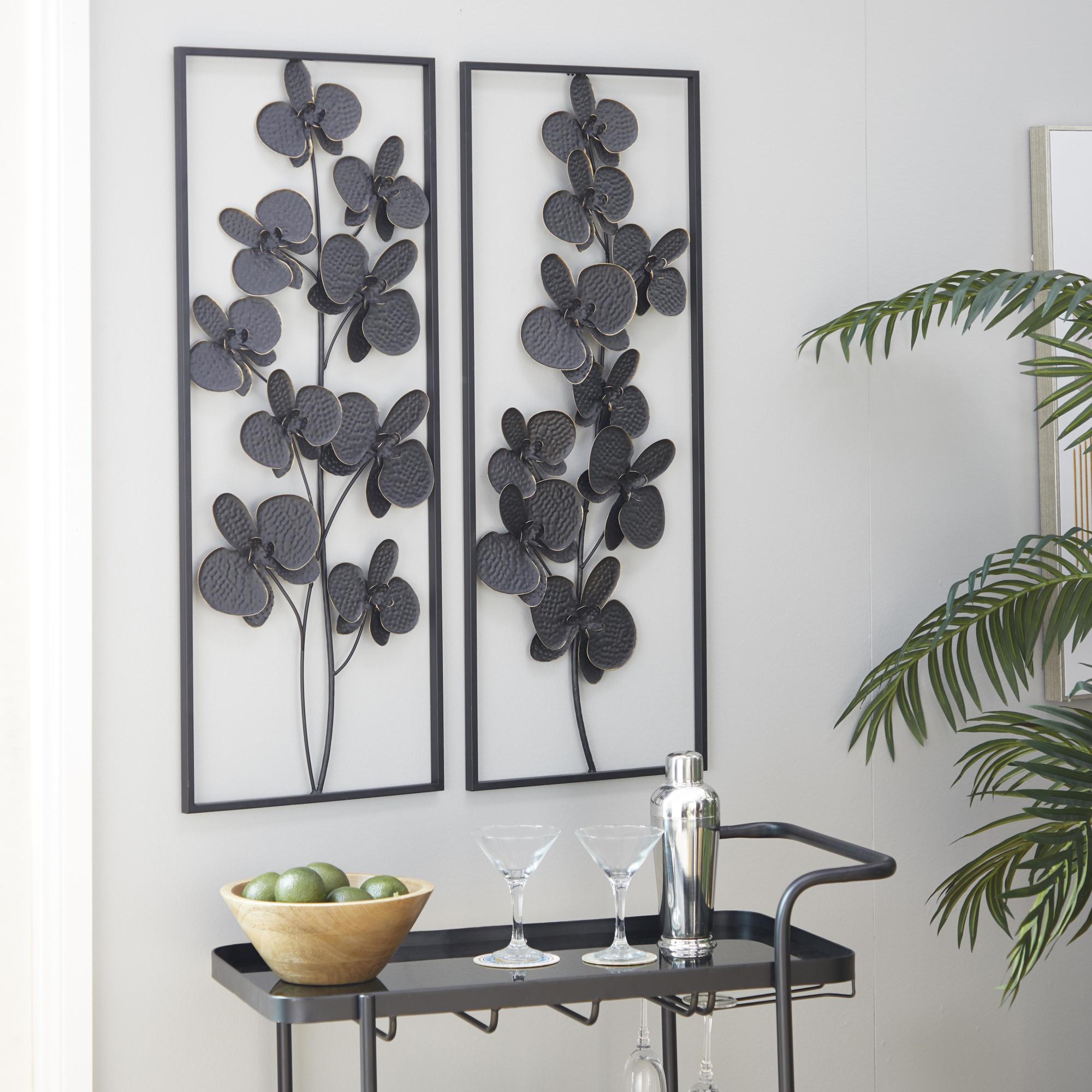 Set of 2 Floral Metal Orchid Home Wall Decor with Black Metal Stand