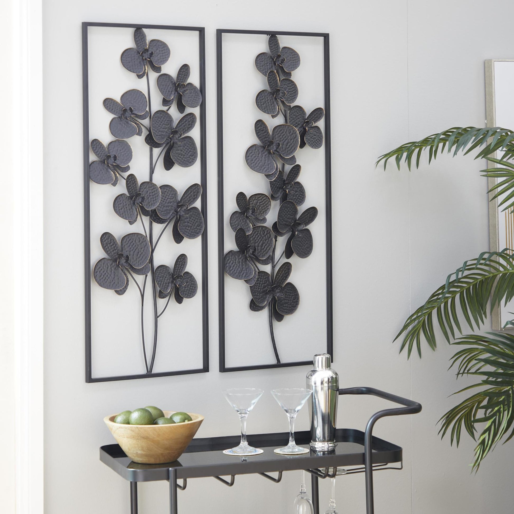 Set of 2 Floral Metal Orchid Home Wall Decor with Black Metal Stand