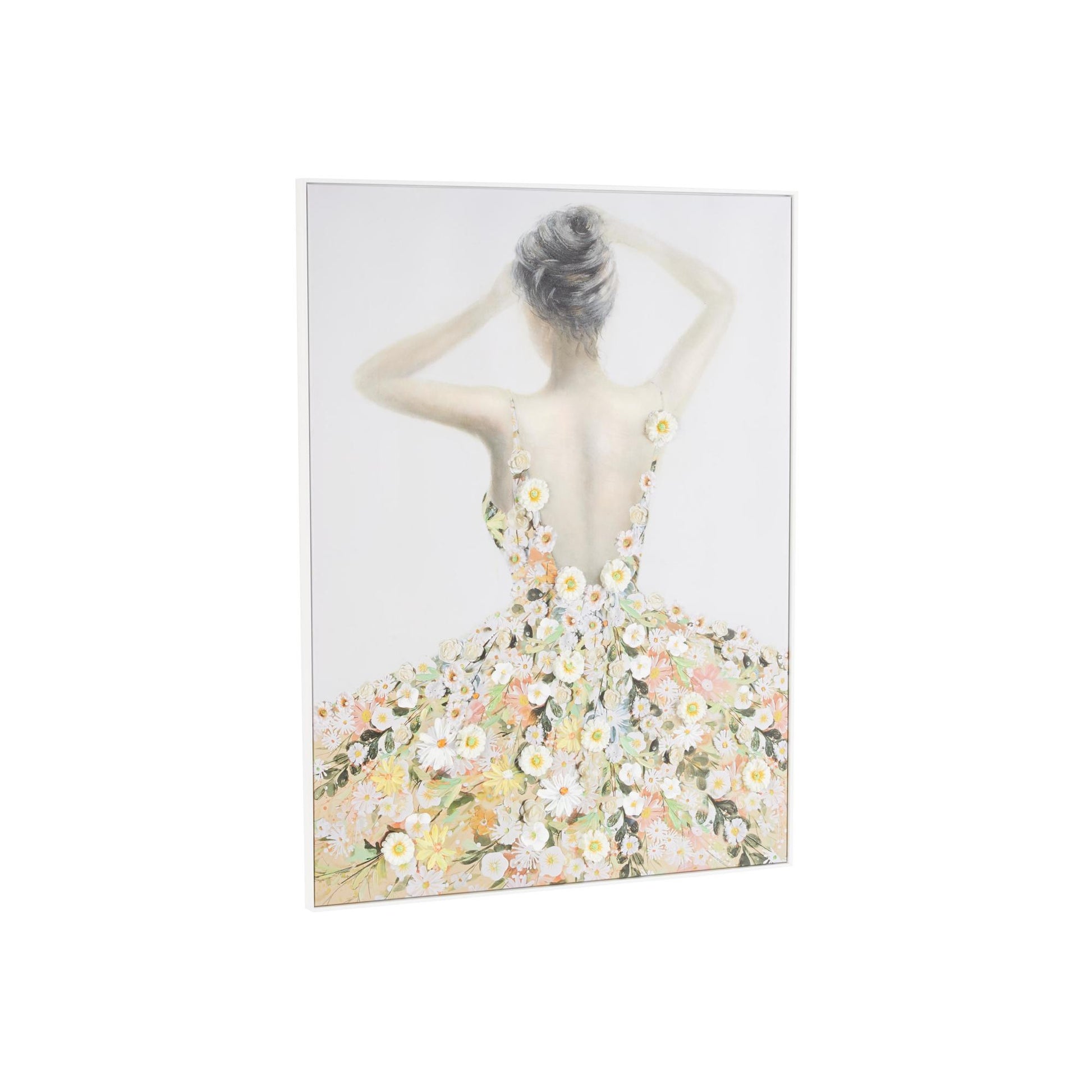 Woman Multi Colored Canvas Living Room Framed Wall Art with 3D Daisy Flowers