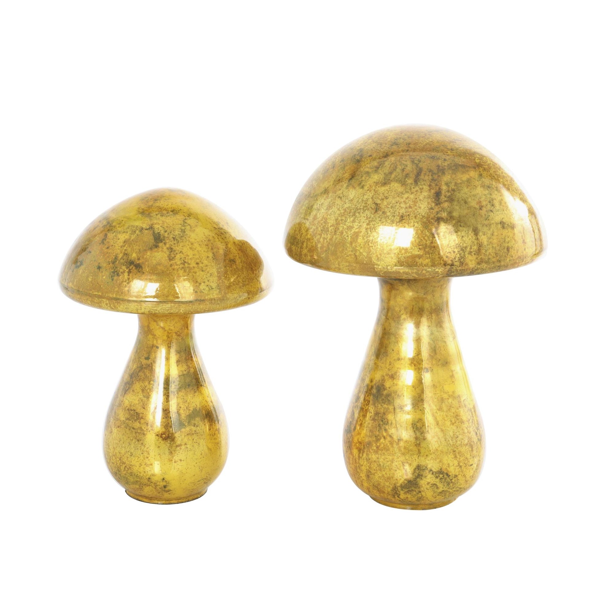 Set of 2 Mushroom Glass Handmade Glossy Weathered Decorative Sculpture