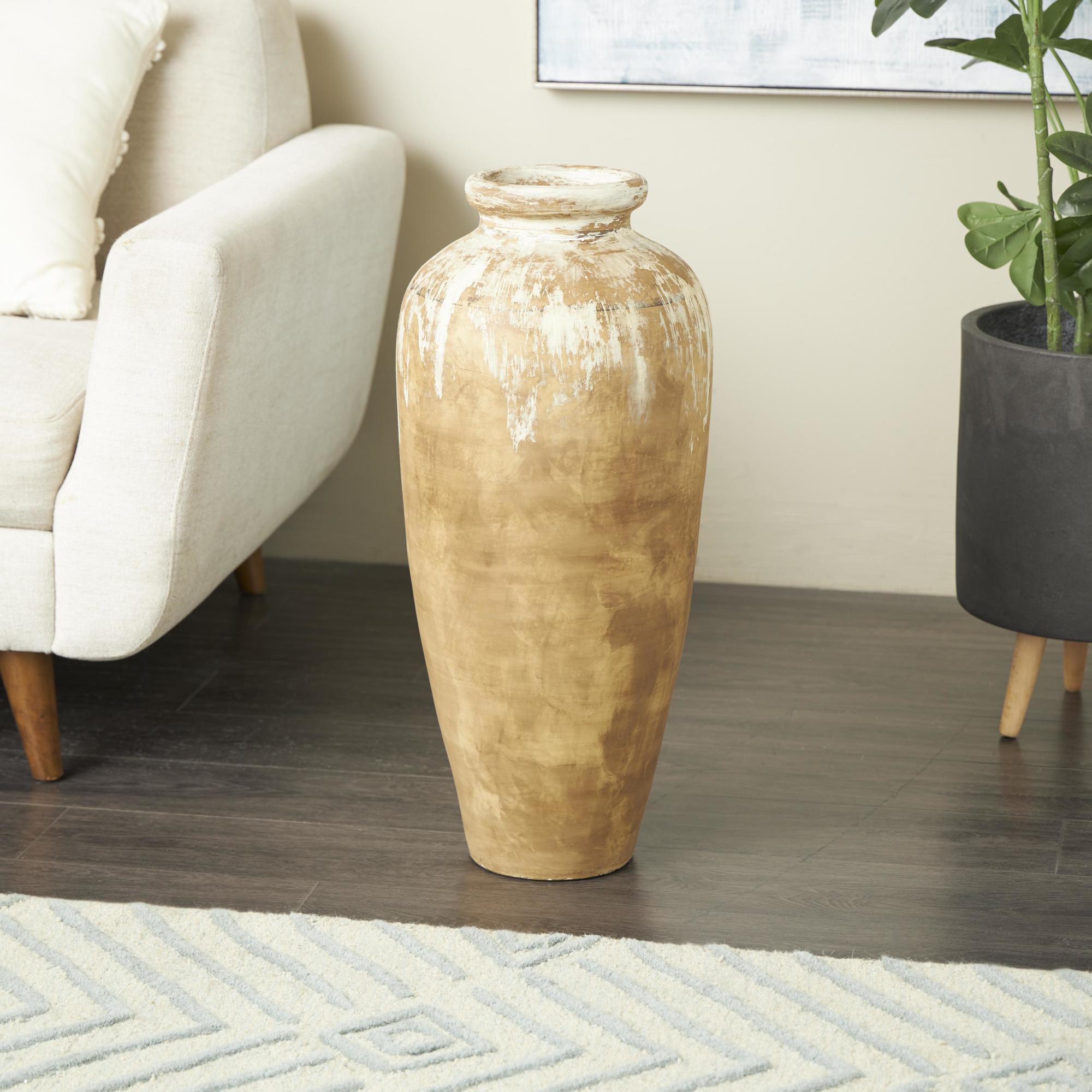Brown Ceramic Antique Style Distressed Patina Decorative Vase with Beige Accents