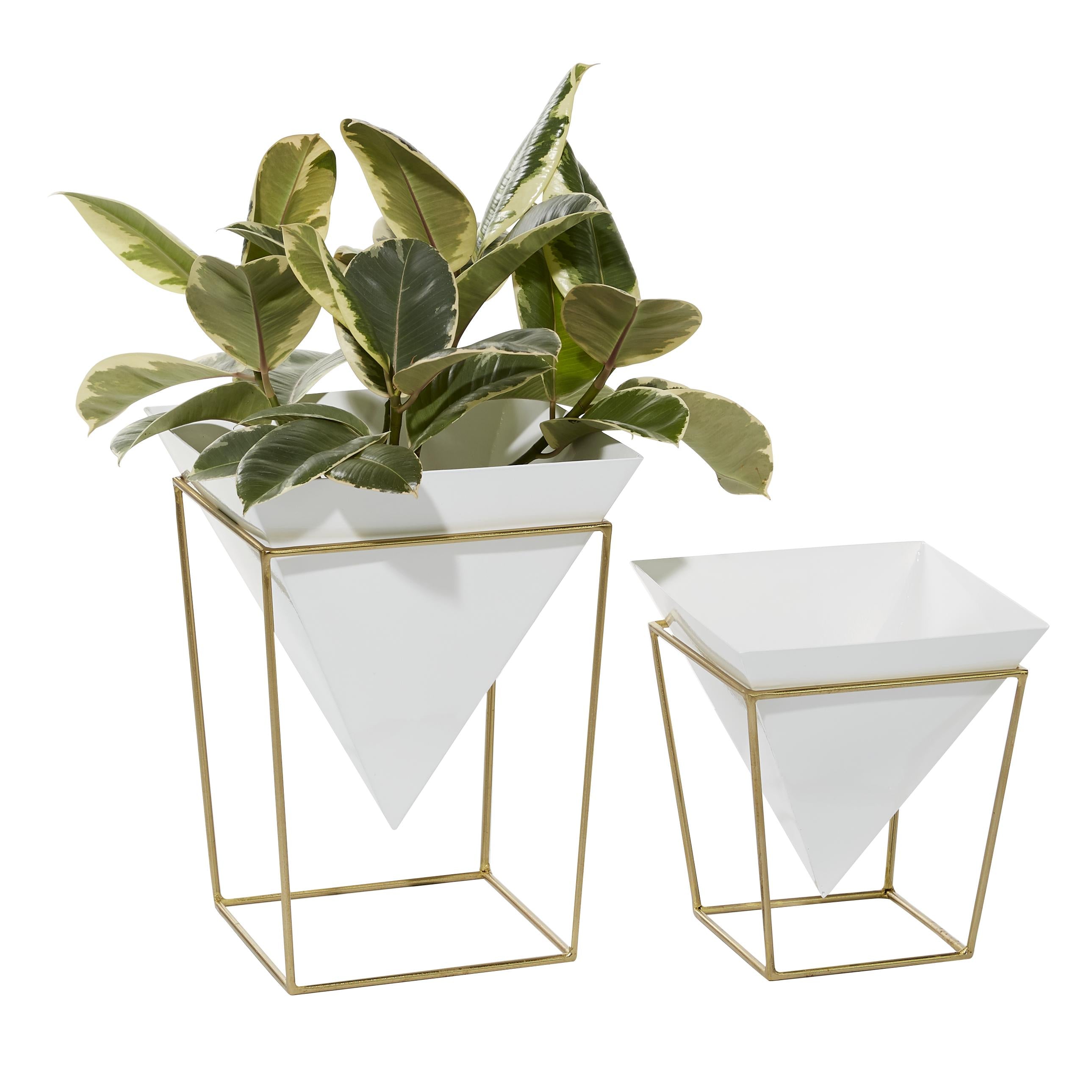 CosmoLiving by Cosmopolitan Set of 2 White Metal Dome Indoor Outdoor Planter with Gold X-Shaped Stands