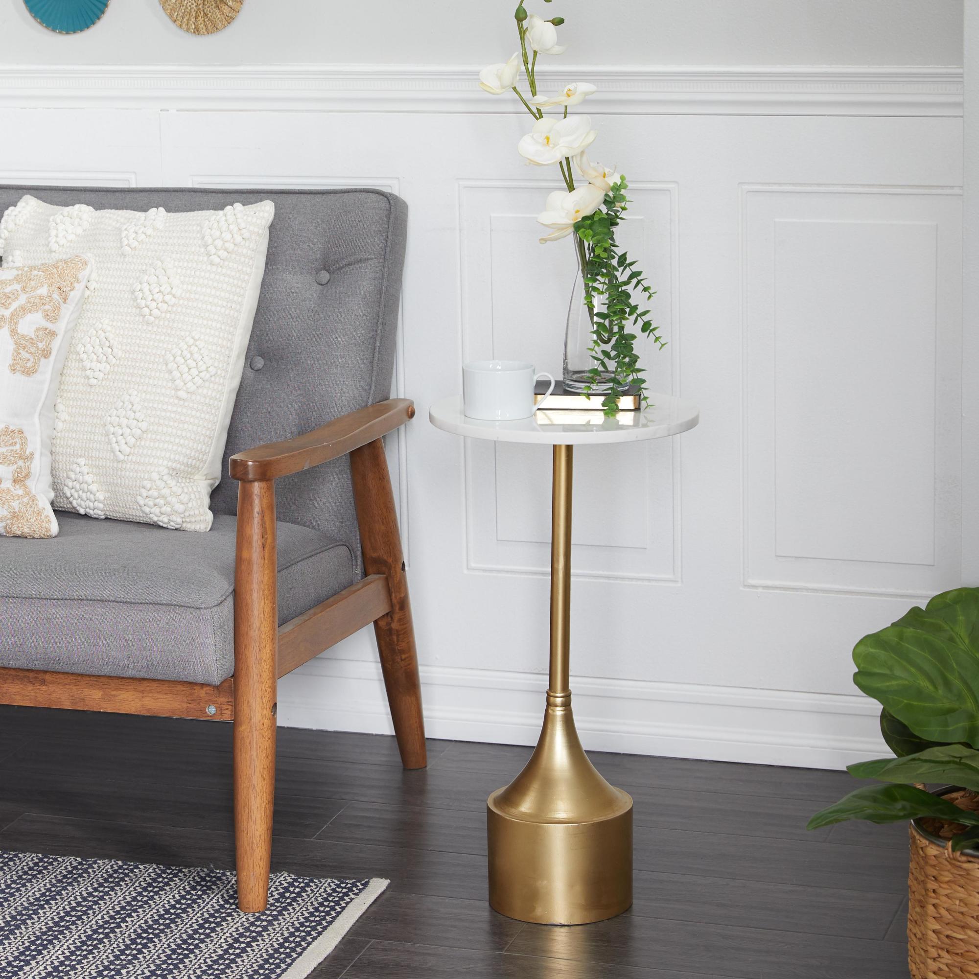 Gold Metal Side End Accent Table with White Marble Top