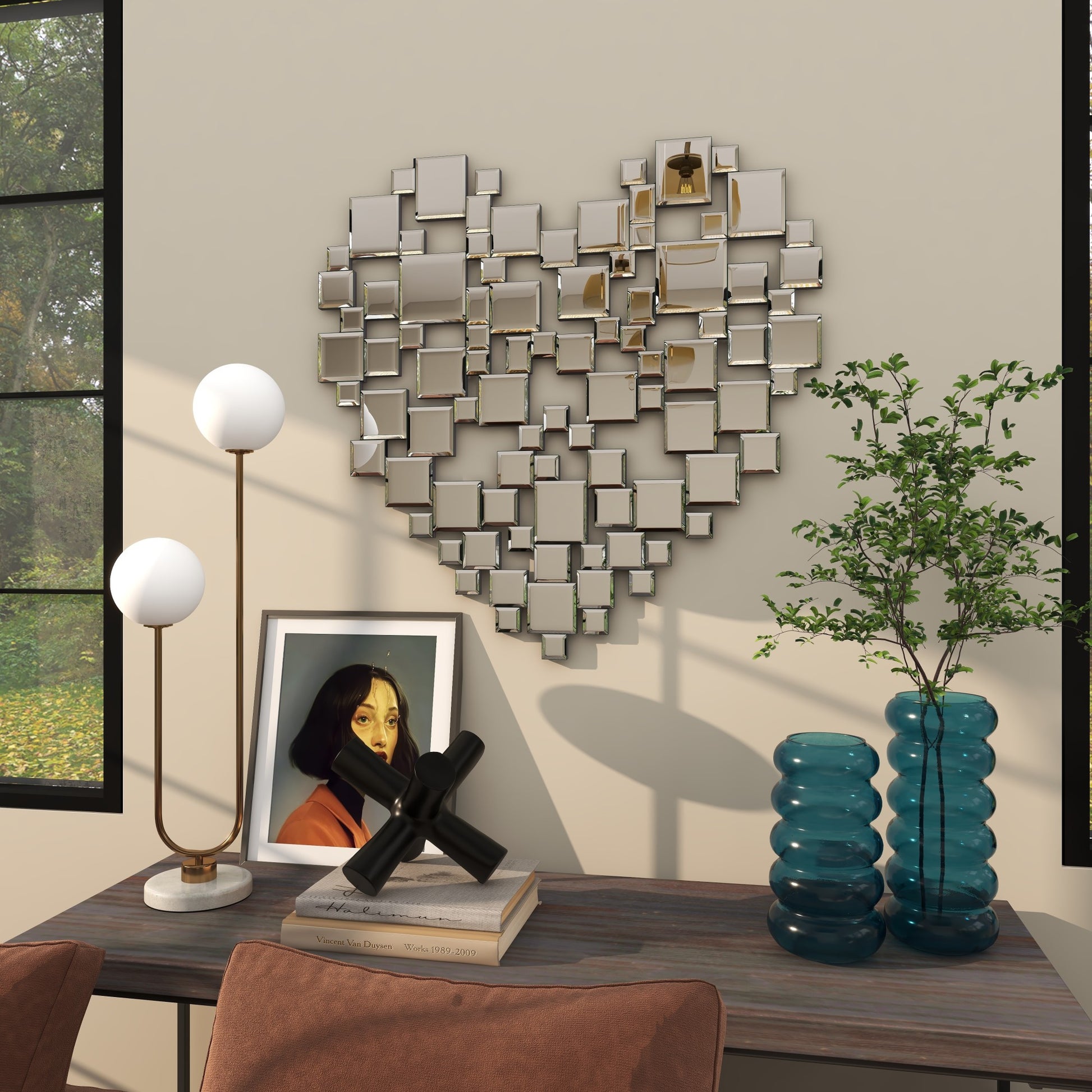 Heart Silver Glass Geometric Mosaic Room Wall Mirror