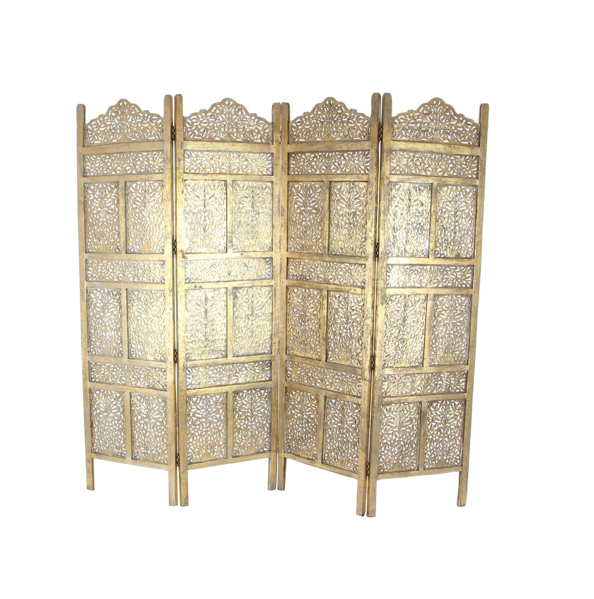 Floral Gold Wooden Handmade Foldable Partition 4 Panel Partition Room Divider Screen with Carved Designs