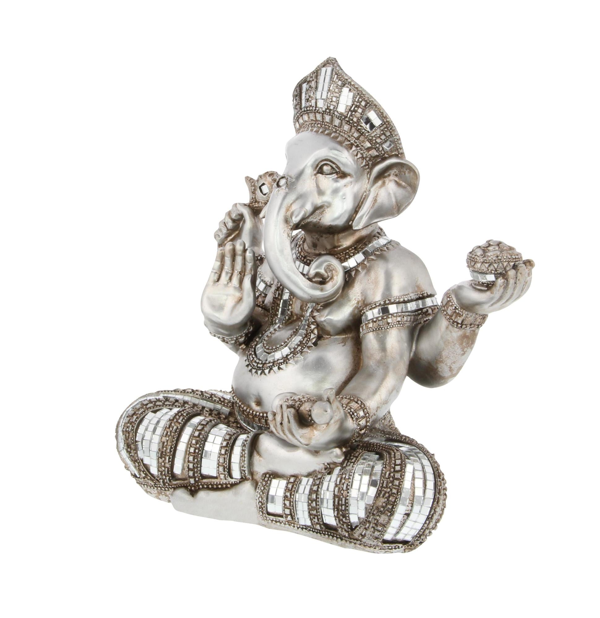 Ganesh Silver Polystone Meditating Decorative Sculpture with Engraved Carvings and Relief Detailing