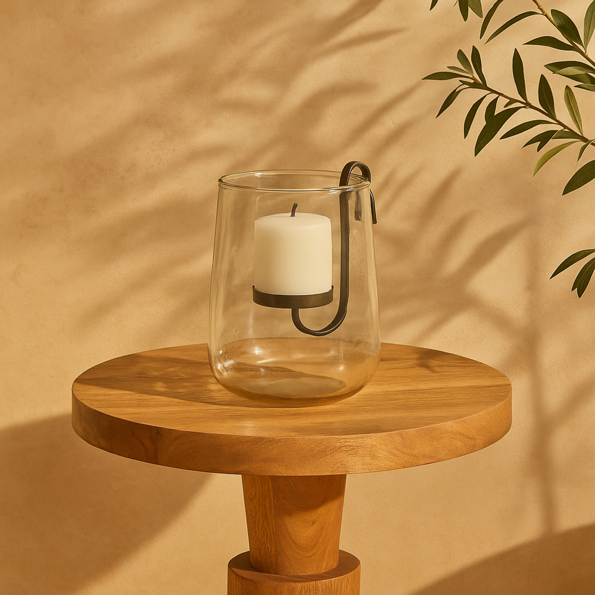 Clear Glass Decorative Candle Holder with Black Metal Accents