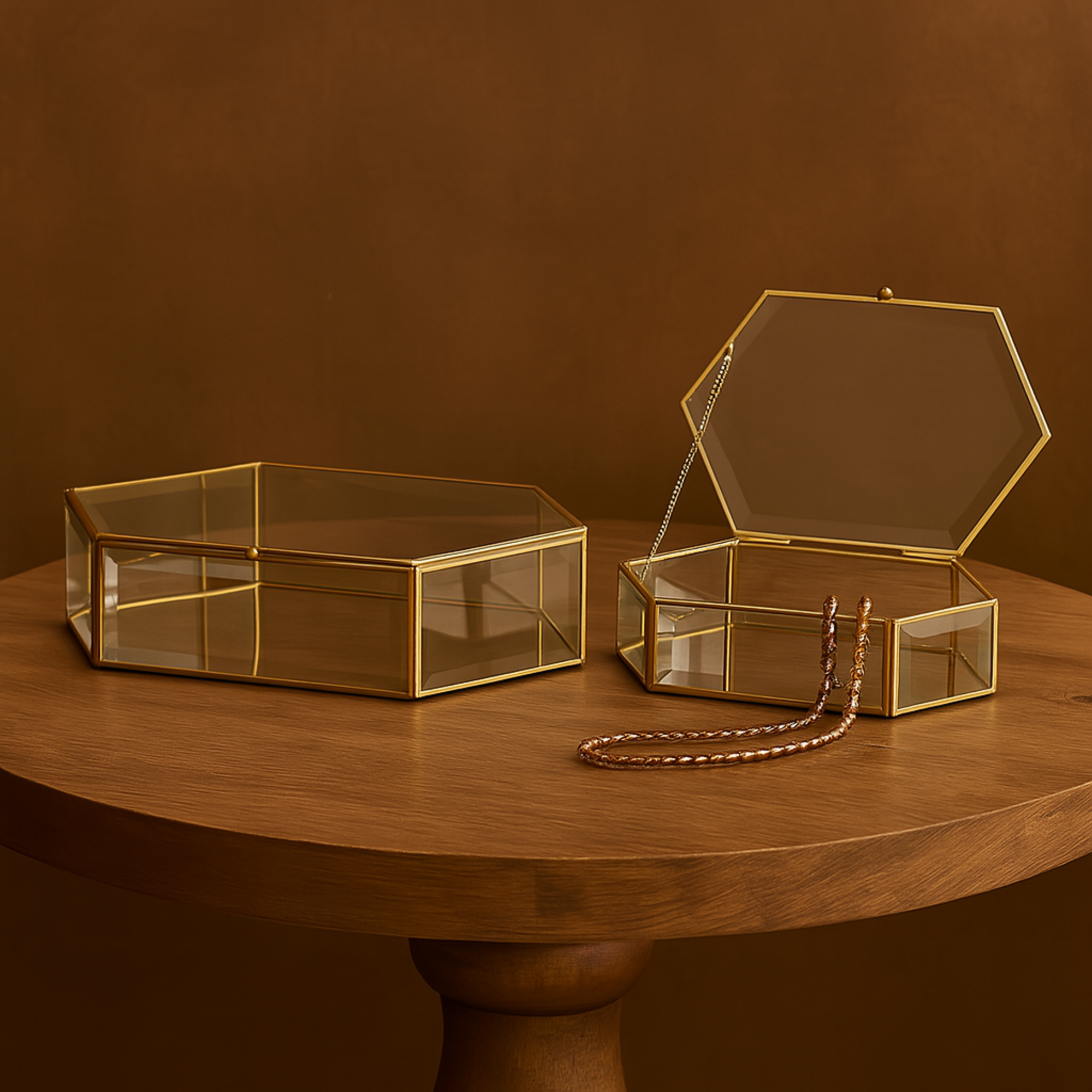 Set of 2 Geometric Clear Glass Beveled Hexagon Decorative Jewelry Box with Gold Metal Frame and Chain Accent