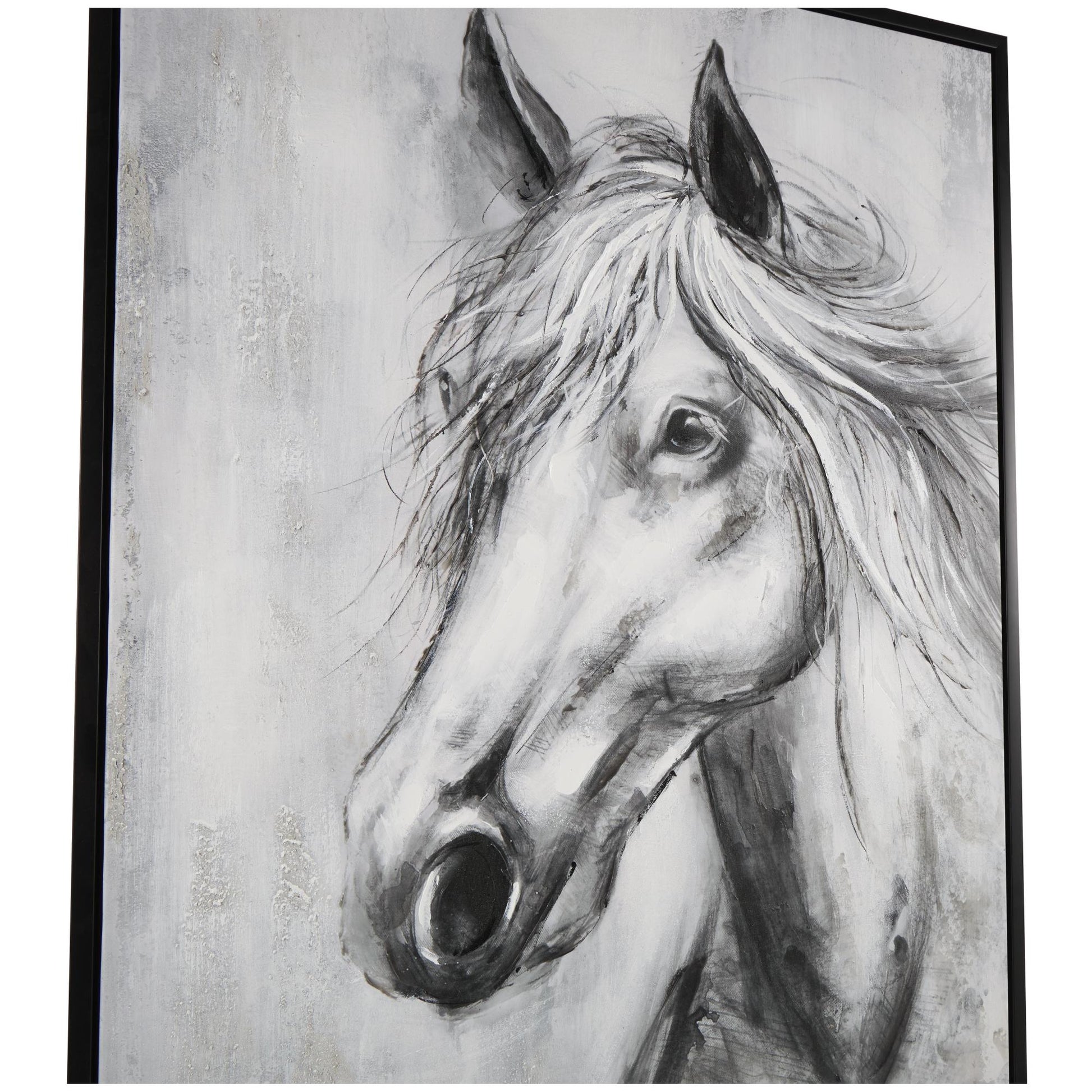 Horse Black Canvas Hand Drawn Inspired Shaded Living Room Framed Wall Art with White Background