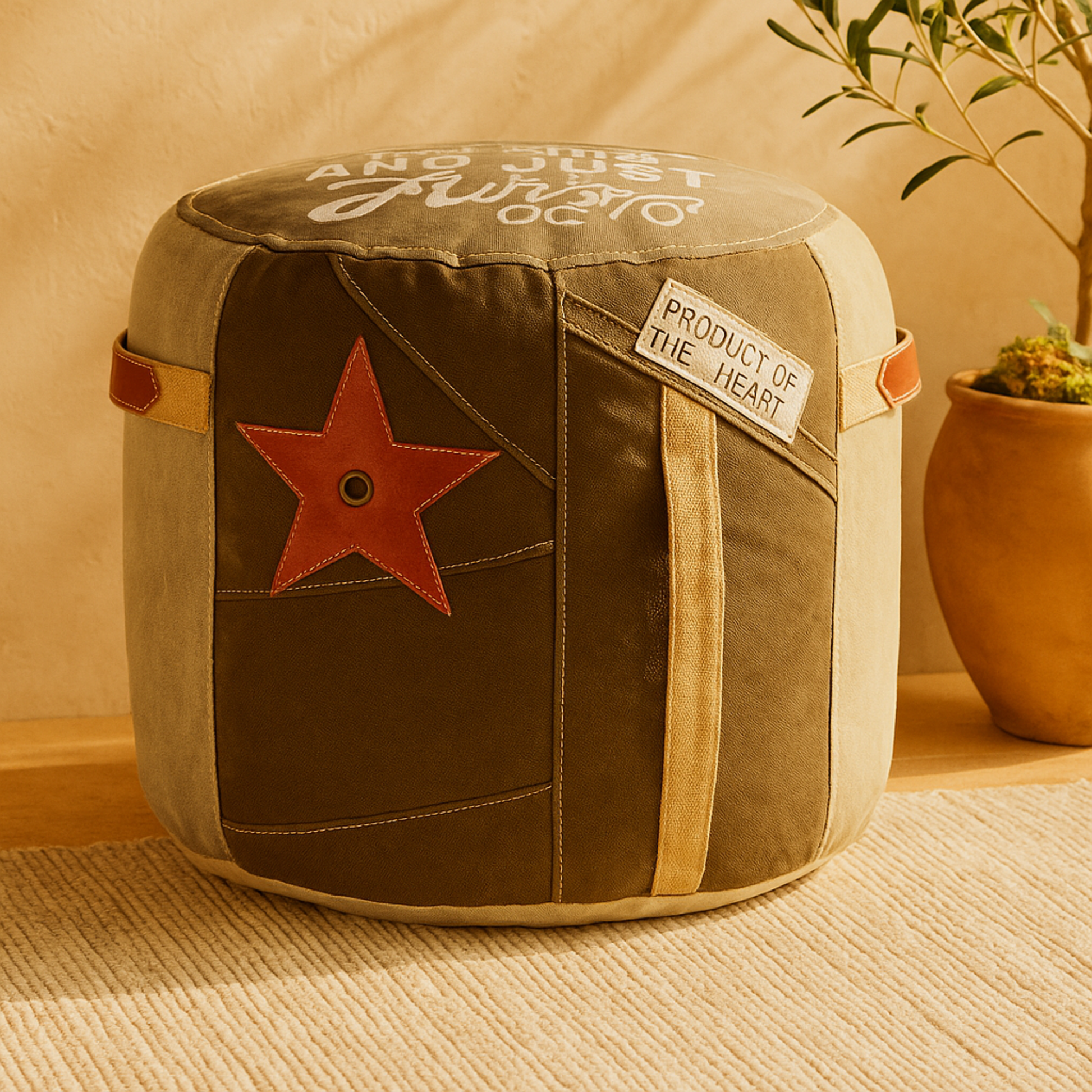 Canvas Room Pouf with Leather Accents 17" x 17" x 19"