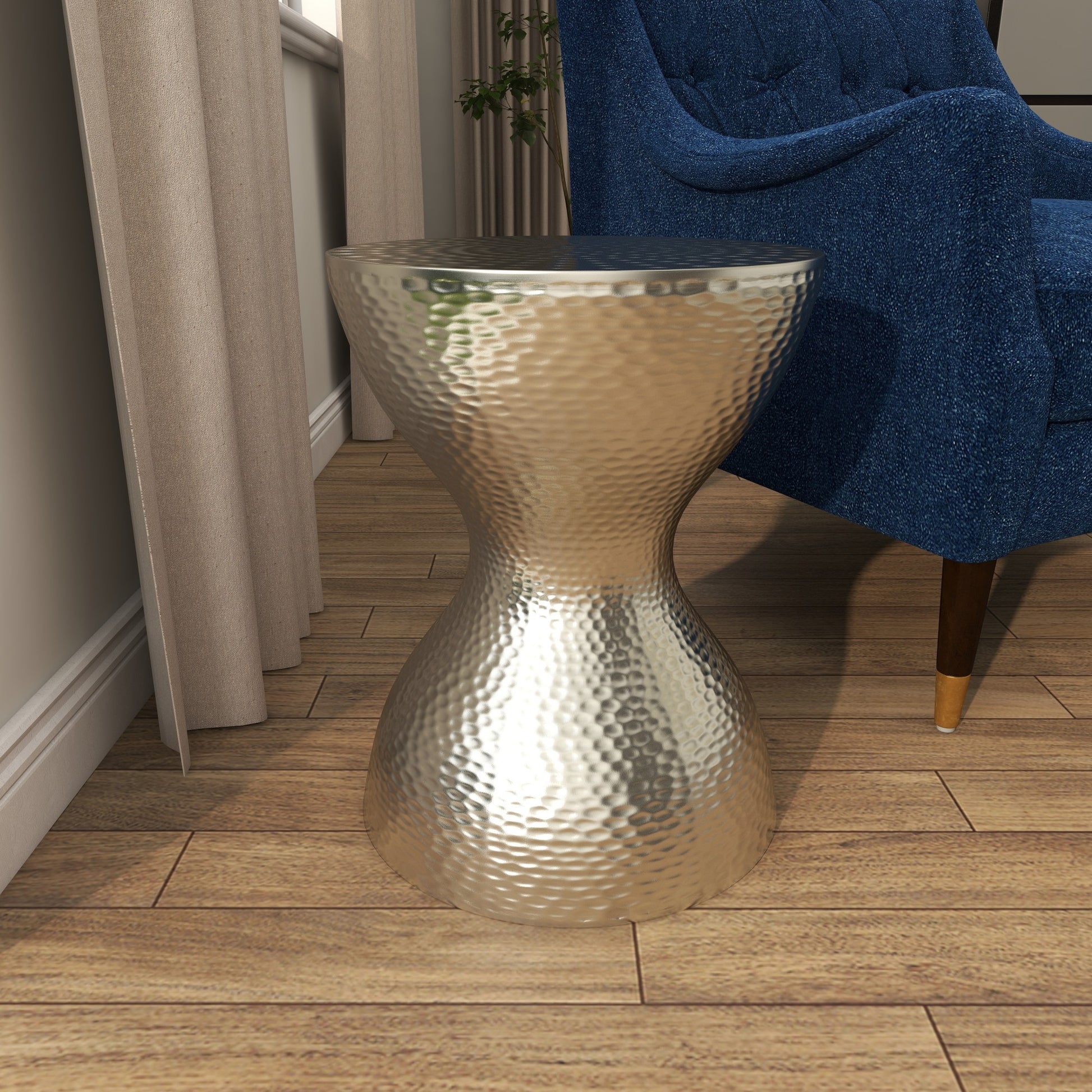 Metal Hammered Side End Accent Table with Hourglass Shape