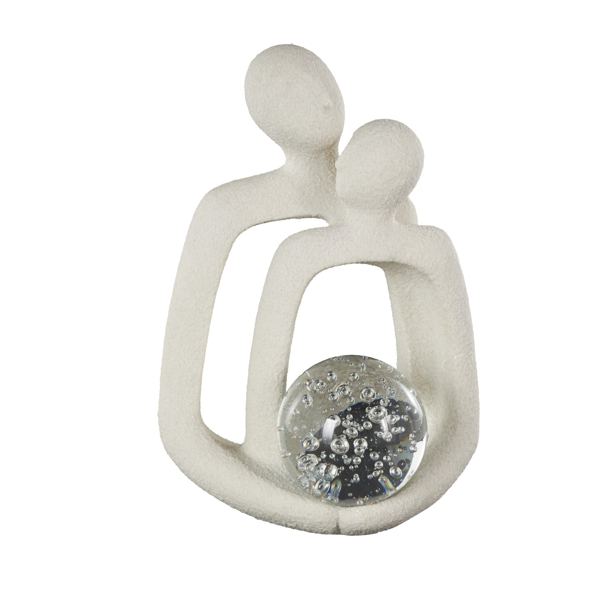 People White Polystone Abstract Textured Decorative Sculpture with Clear Glass Orb and Black Speckles