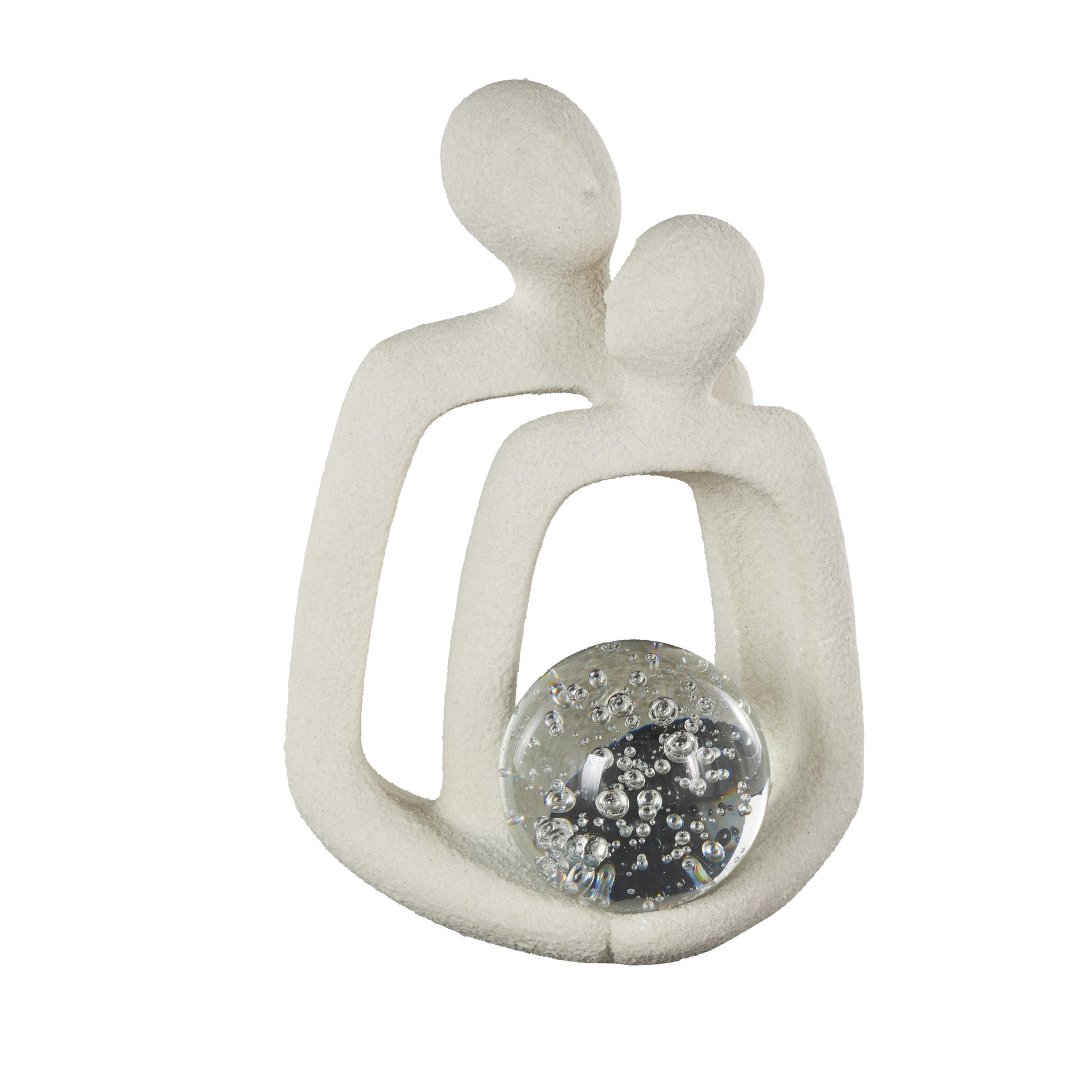 People White Polystone Abstract Textured Decorative Sculpture with Clear Glass Orb and Black Speckles