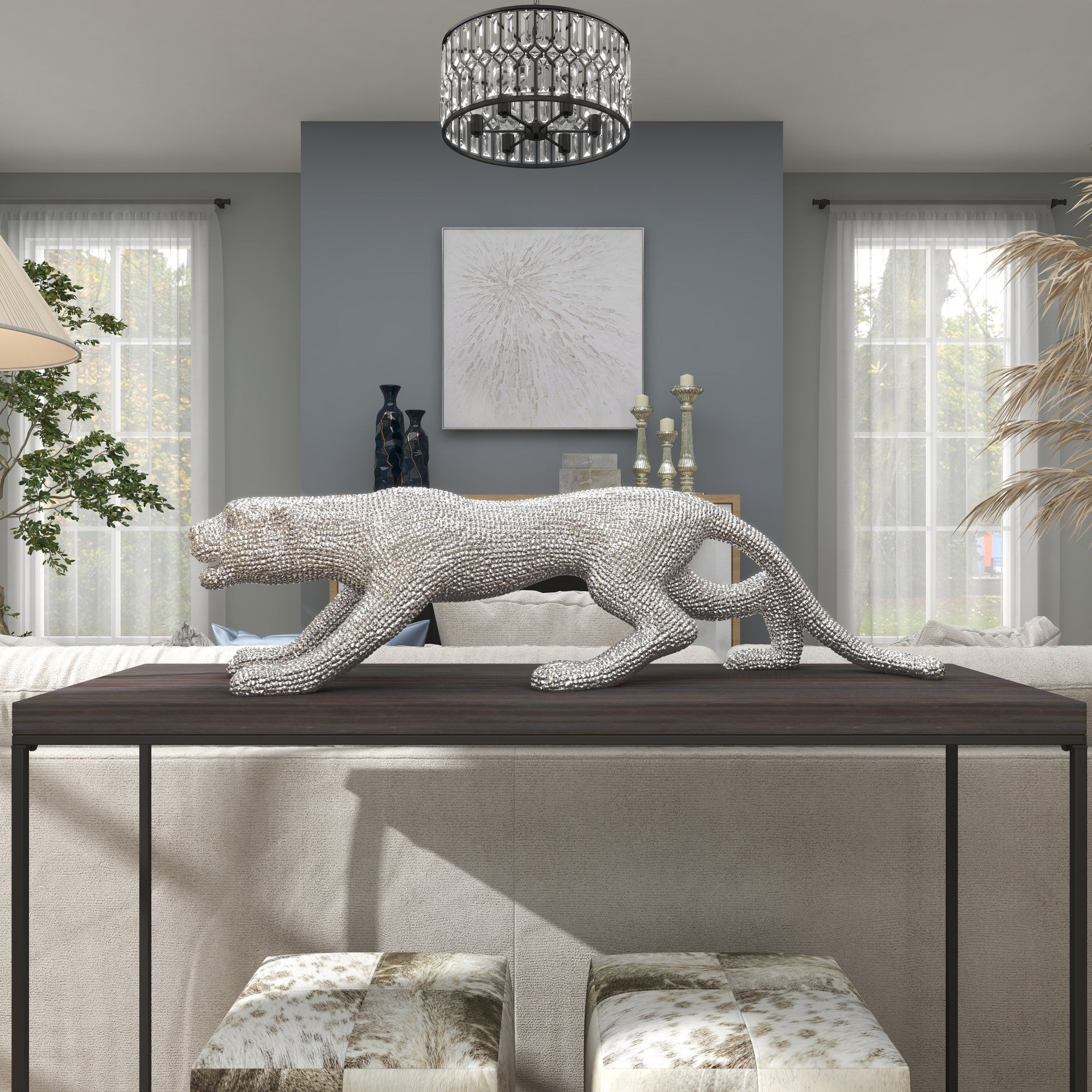 Leopard Polystone Floor Decorative Sculpture with Carved Faceted Diamond Exterior 42" x 11" x 11"