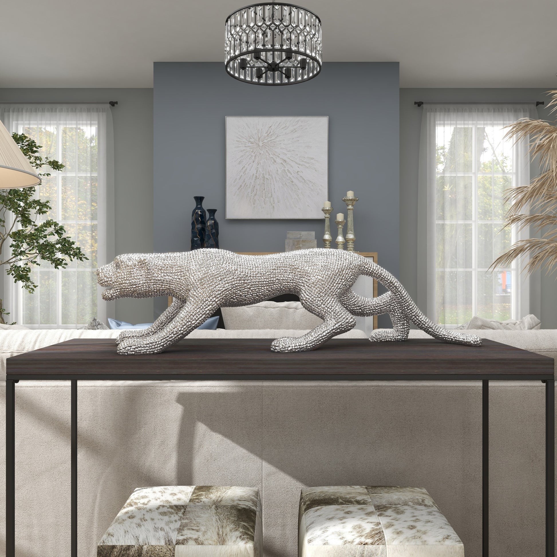 Leopard Polystone Floor Decorative Sculpture with Carved Faceted Diamond Exterior 42" x 11" x 11"