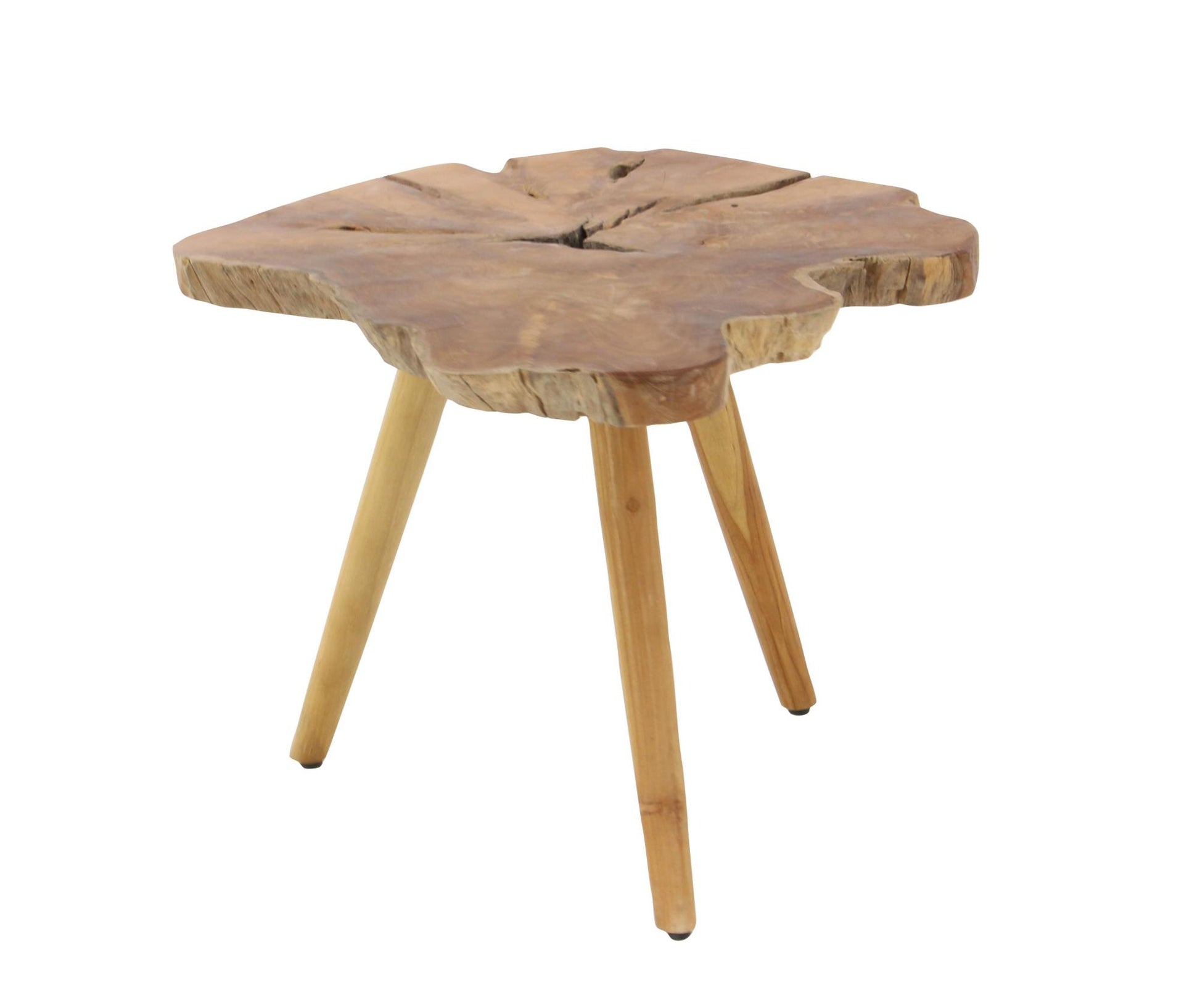 Brown Teak Wood Handmade Live Edge Side End Accent Table with Tripod Legs