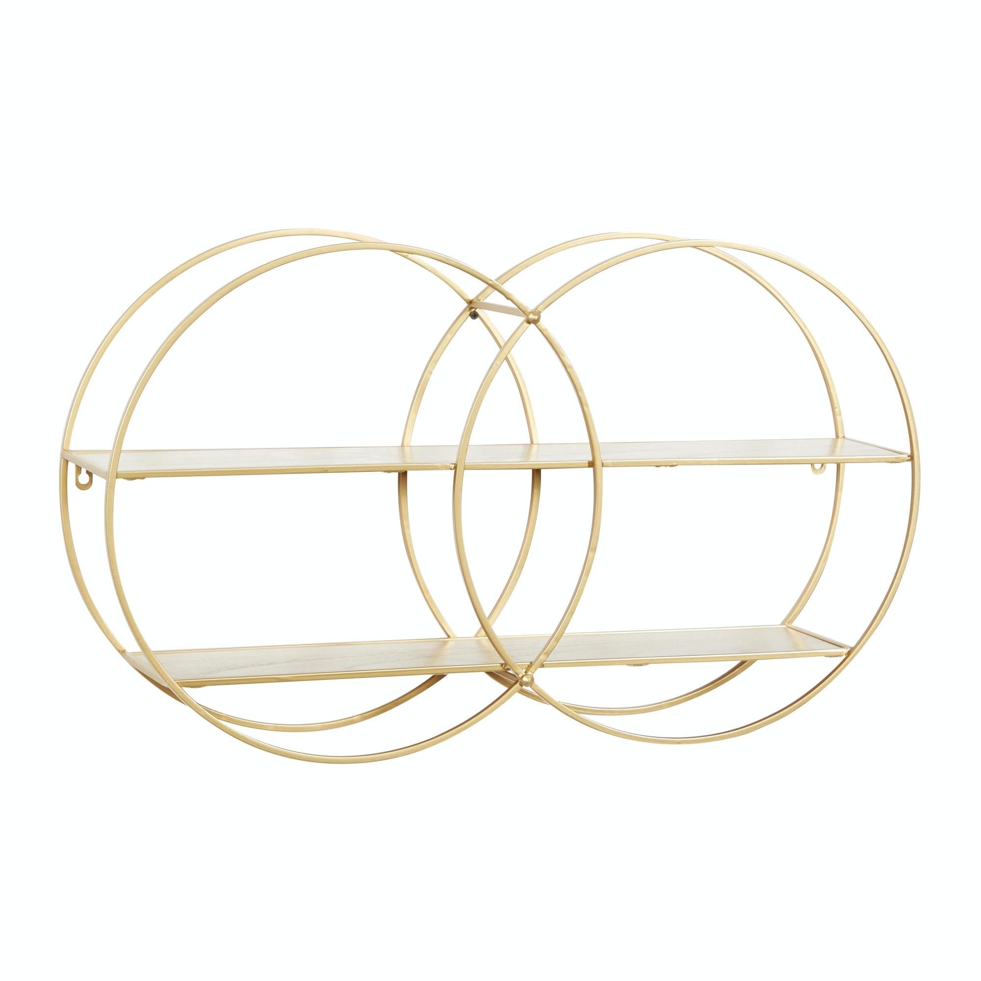 CosmoLiving by Cosmopolitan Geometric Gold Metal Round Overlapping Ring 2 Tier Room Wall Shelf with Wooden Shelves