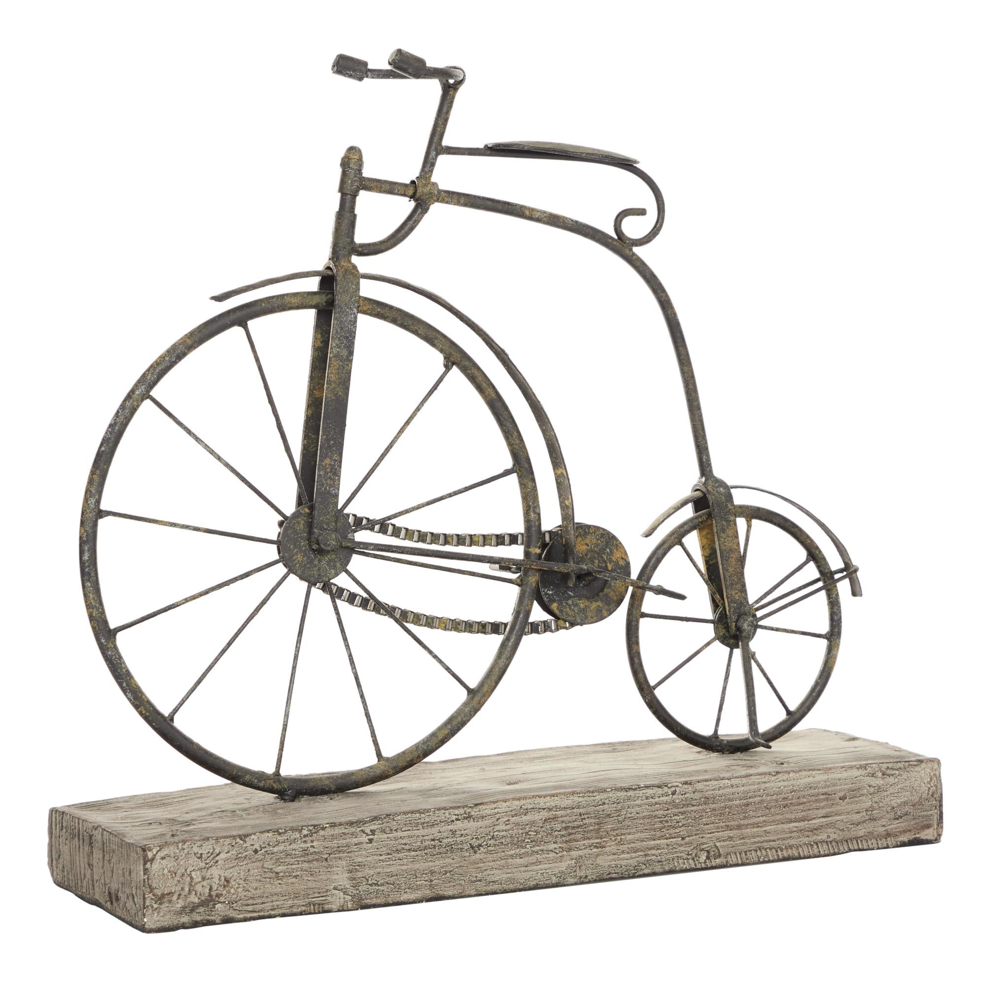 Bike Black Metal Weathered Vintage Decorative Sculpture with Wood Block Base