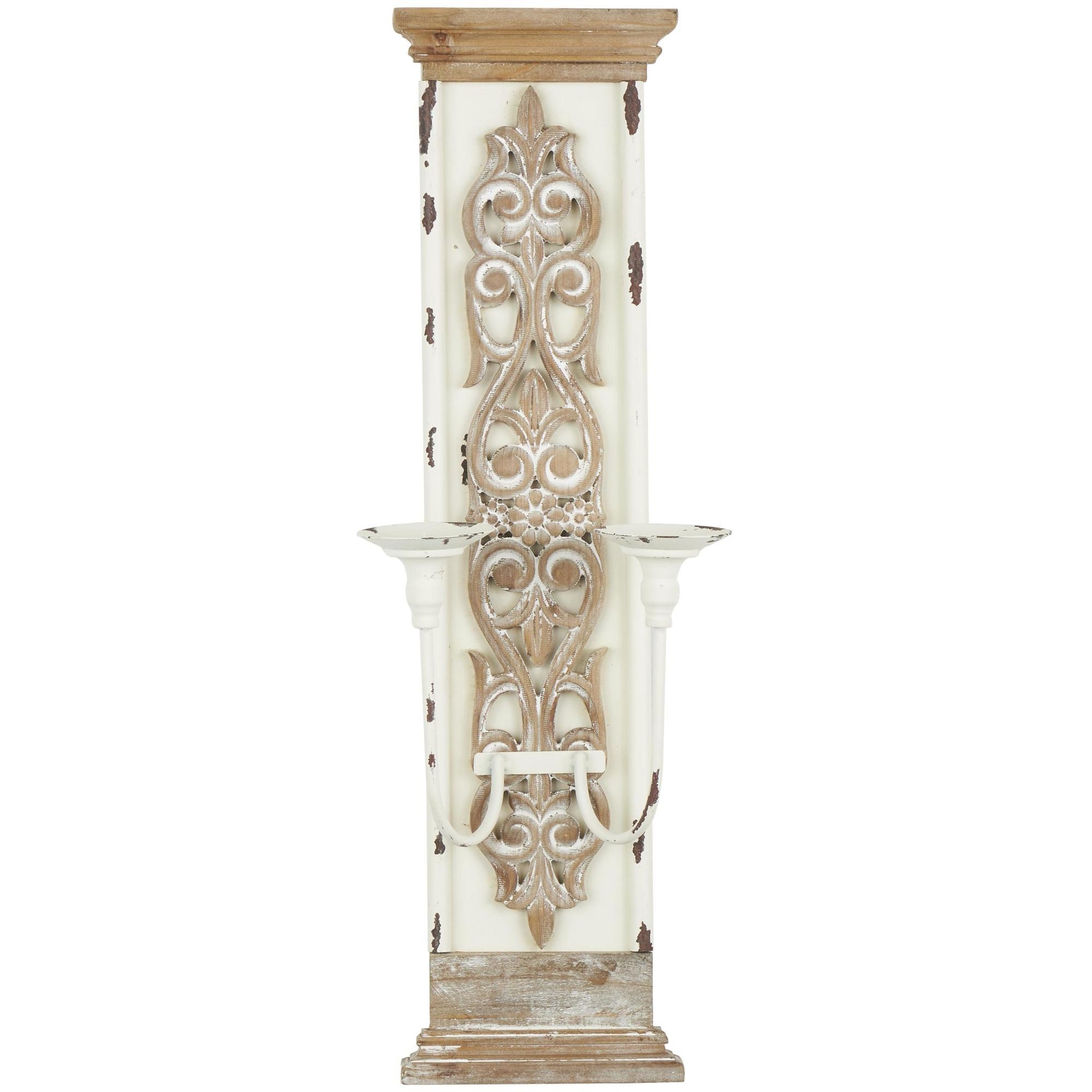 Scroll Brown Wood Pillar 2 Plate Indoor Outdoor Wall Sconce
