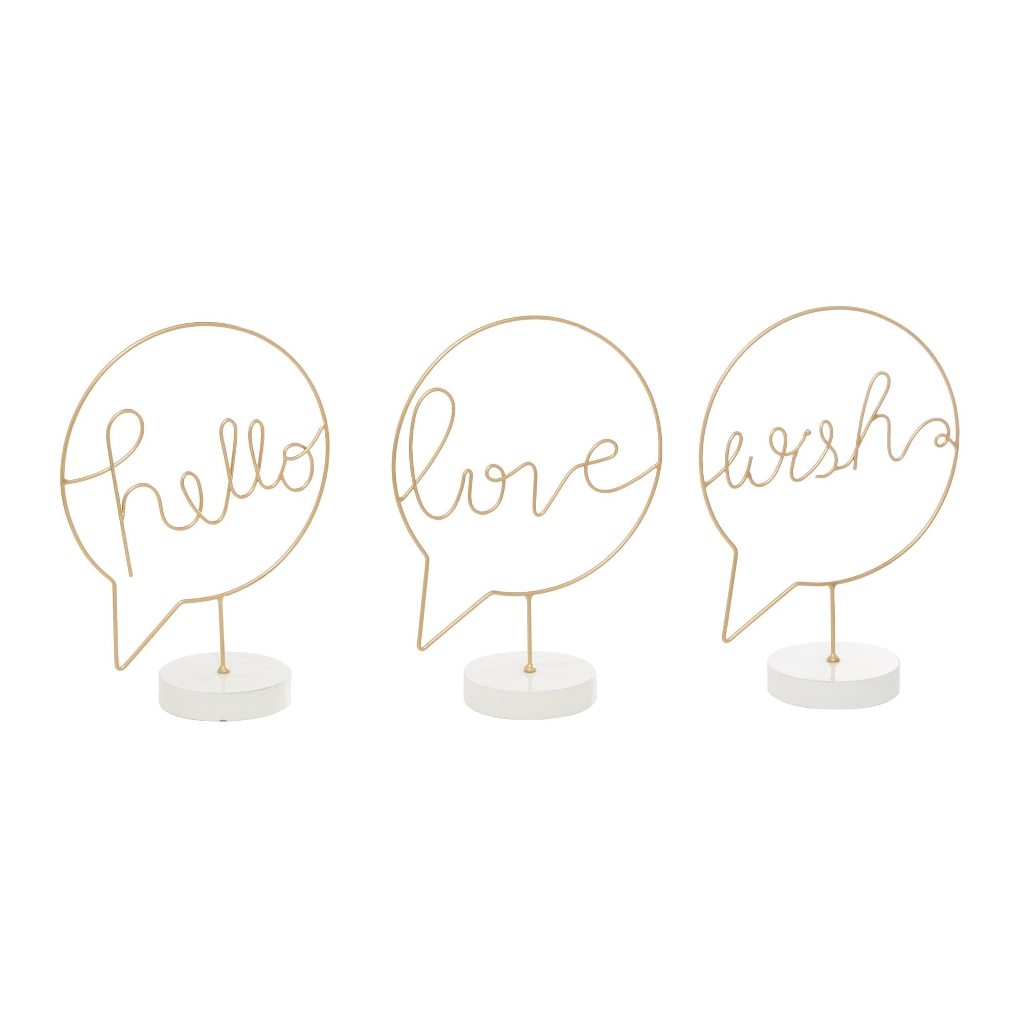 Set of 3 Sign Gold Wooden Hello, Love, Wish Home Decorative Sign with Text Bubble Design
