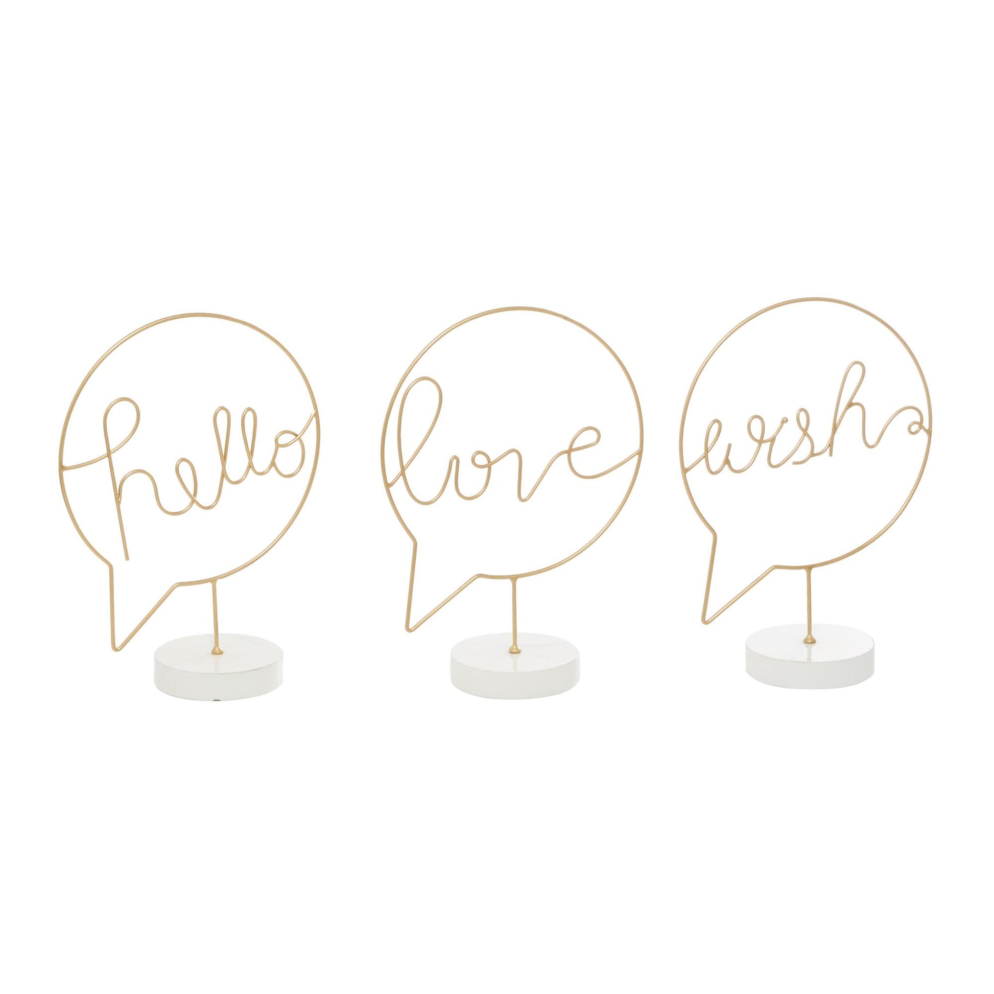 Set of 3 Sign Gold Wooden Hello, Love, Wish Home Decorative Sign with Text Bubble Design