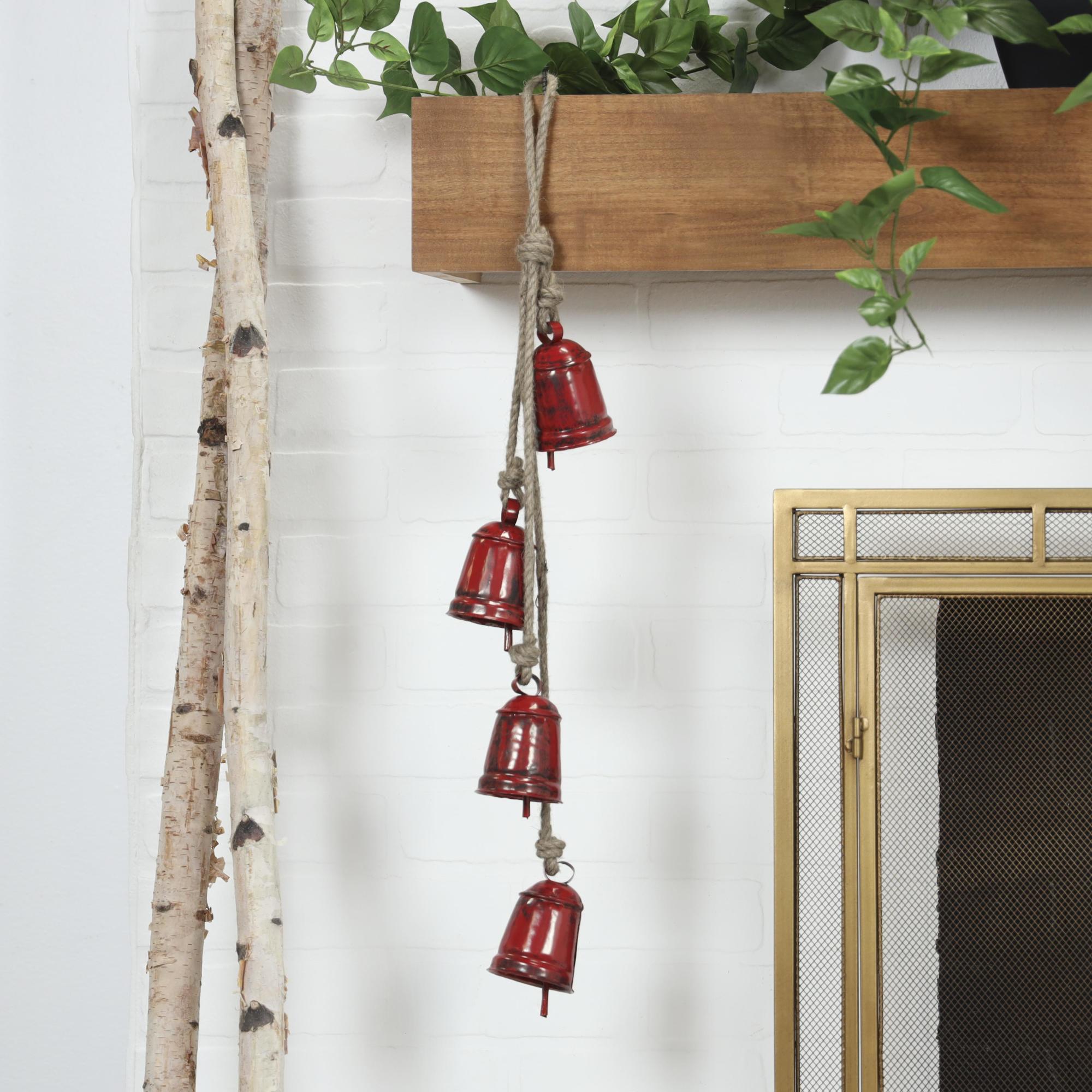 Metal Handmade Tibetan Inspired Indoor Outdoor Decorative Cow Bells with 4 Bells on Jute Hanging Rope