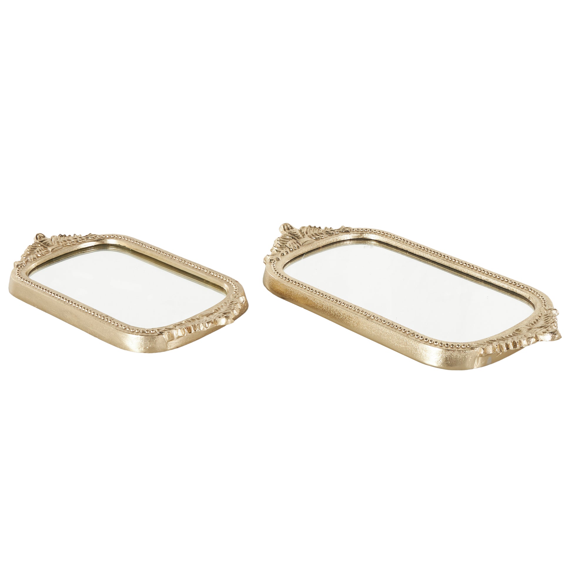 Set of 2 Leaf Gold Aluminum Metal Living Room Decor Tray with Mirrored Glass Interior and Handles