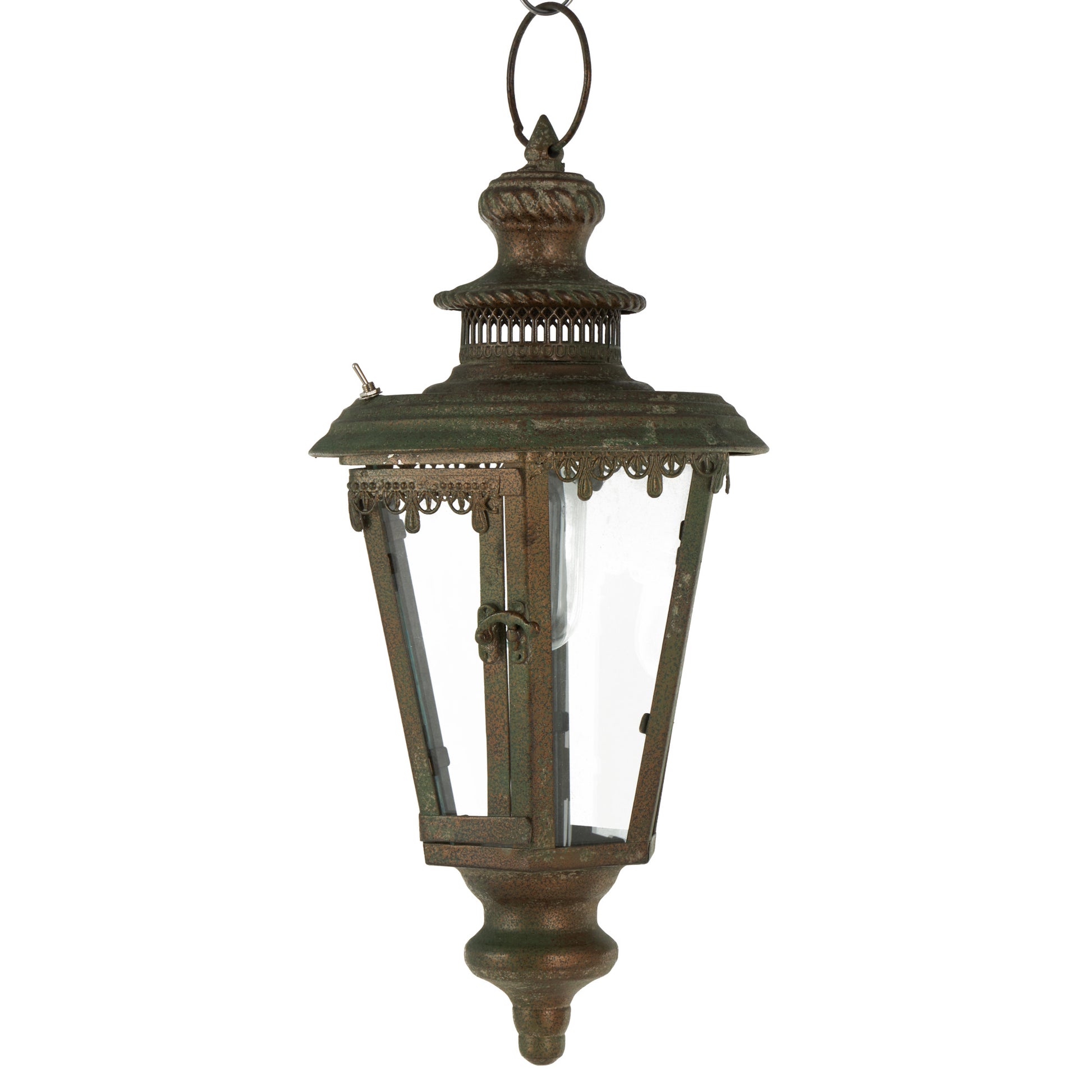 Floral Brown Metal Lighthouse Style Decorative Indoor Outdoor Candle Lantern with Ring Handle