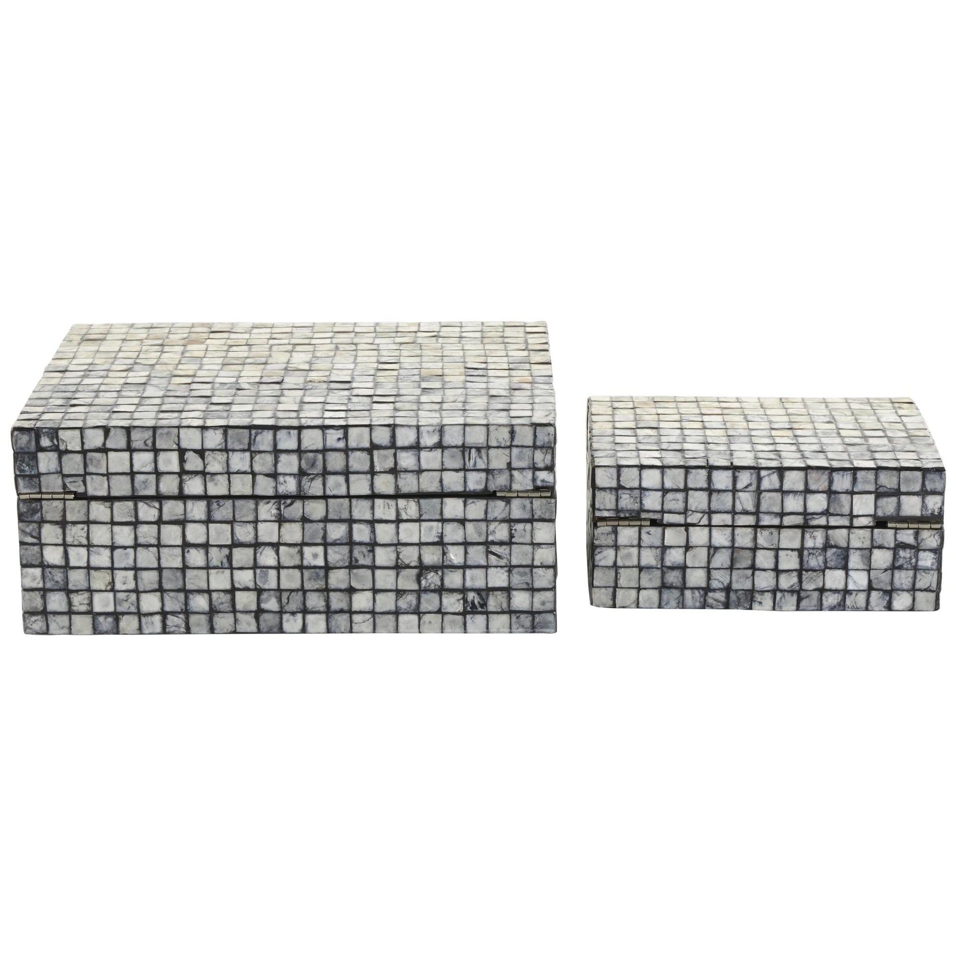Set of 2 Geometric Gray Mother of Pearl Shell Handmade Square Mosaic Storage Decorative Box