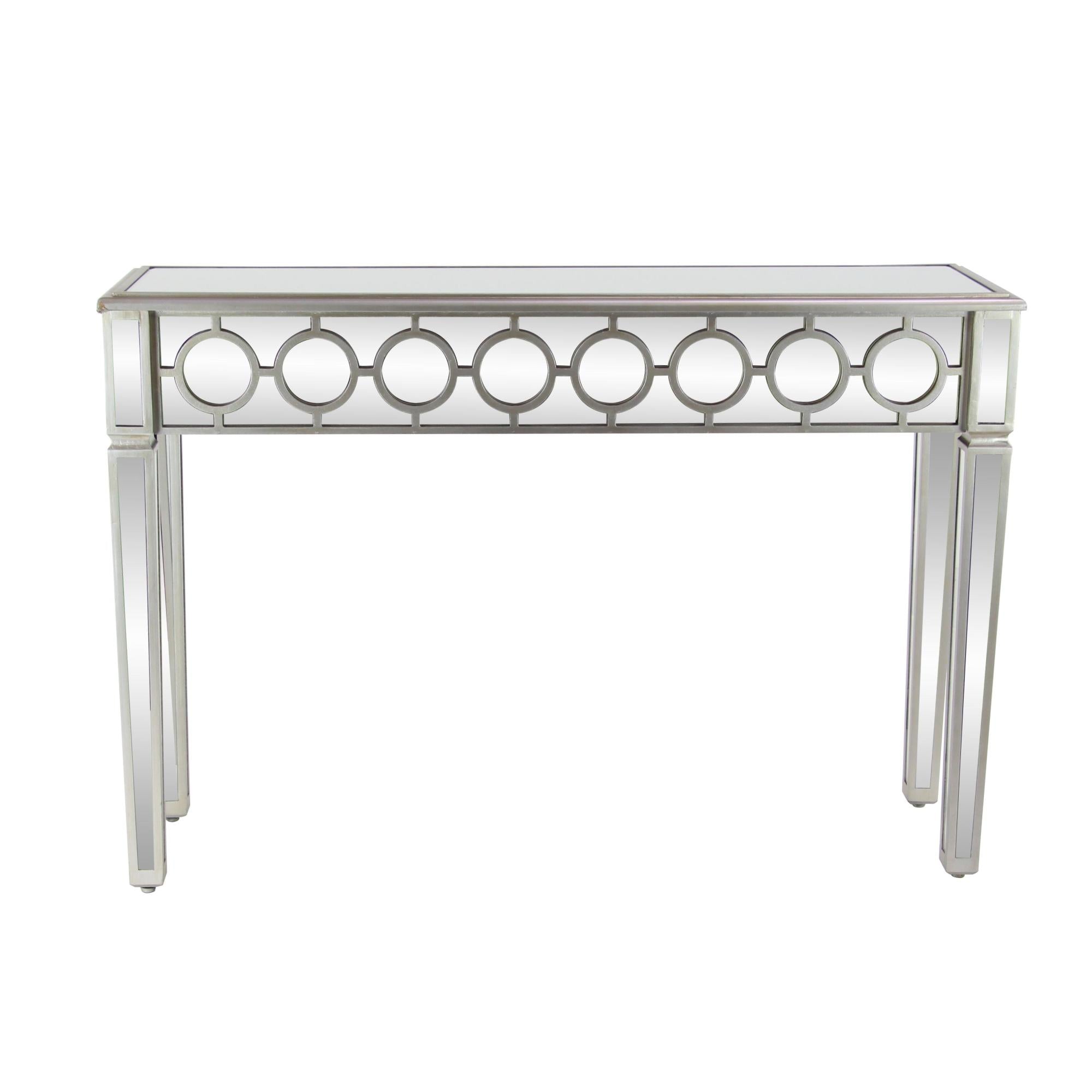 Geometric Silver Glass Mirrored Living Room Console Table with Circular Panel Inlay