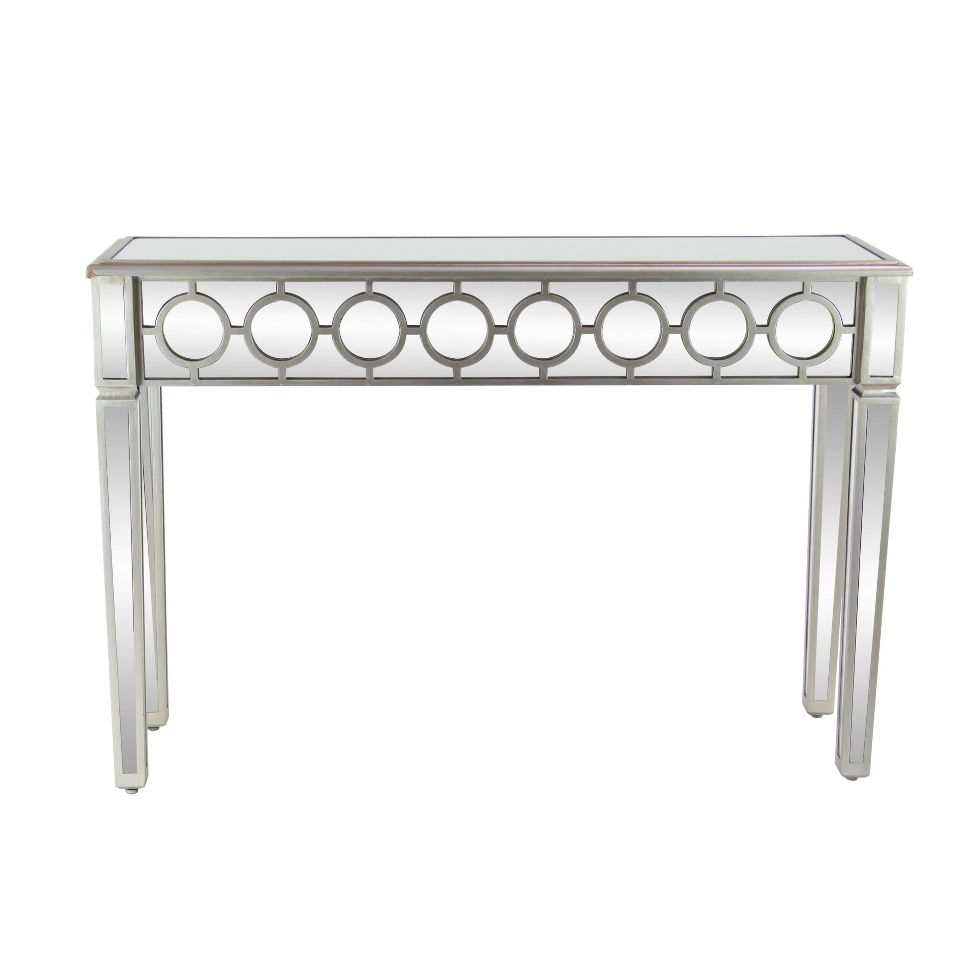 Geometric Silver Glass Mirrored Living Room Console Table with Circular Panel Inlay