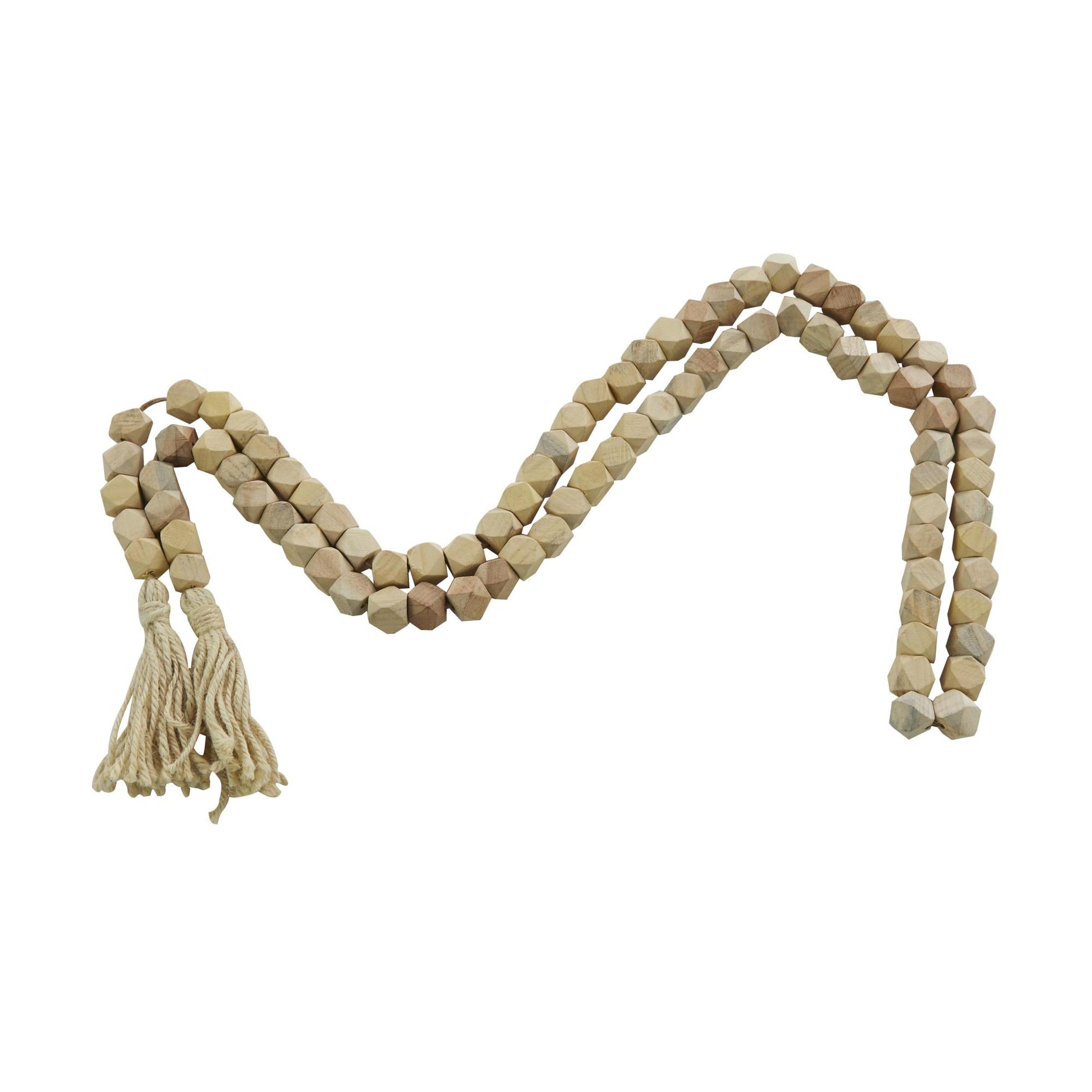 Mango Wood Handmade Hexagon Carved Geometric Long Beaded Garland with Tassel
