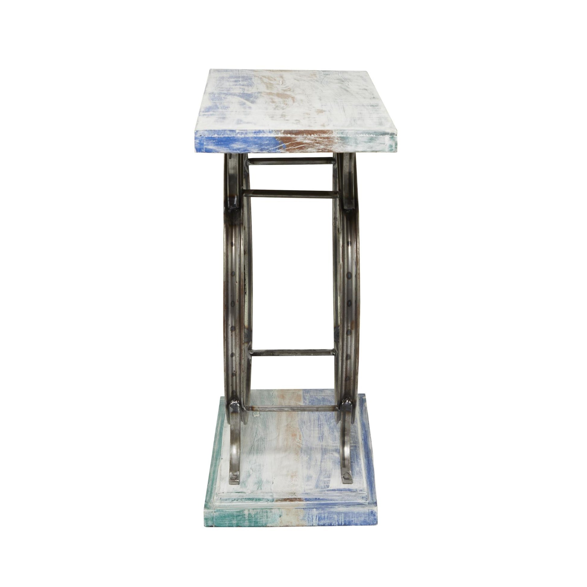 Bike Wood Wide Slatted Top Living Room Console Table with Dual Wheel Frame and Tiered Base