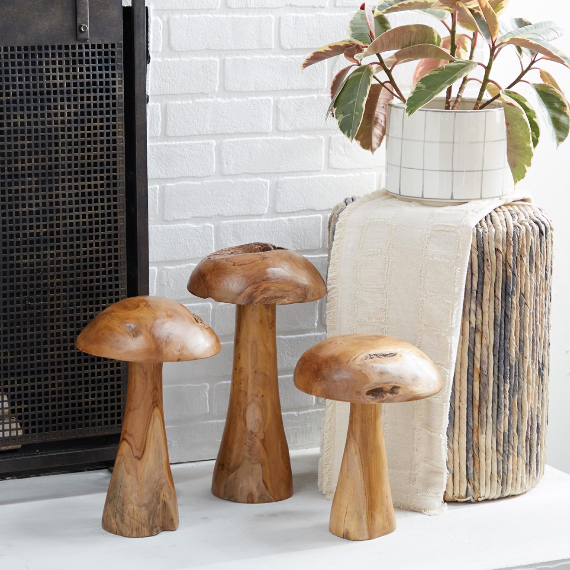 Set of 3 Mushroom Brown Teak Wood Handmade Live Edge Decorative Sculpture with Natural Smooth Finish