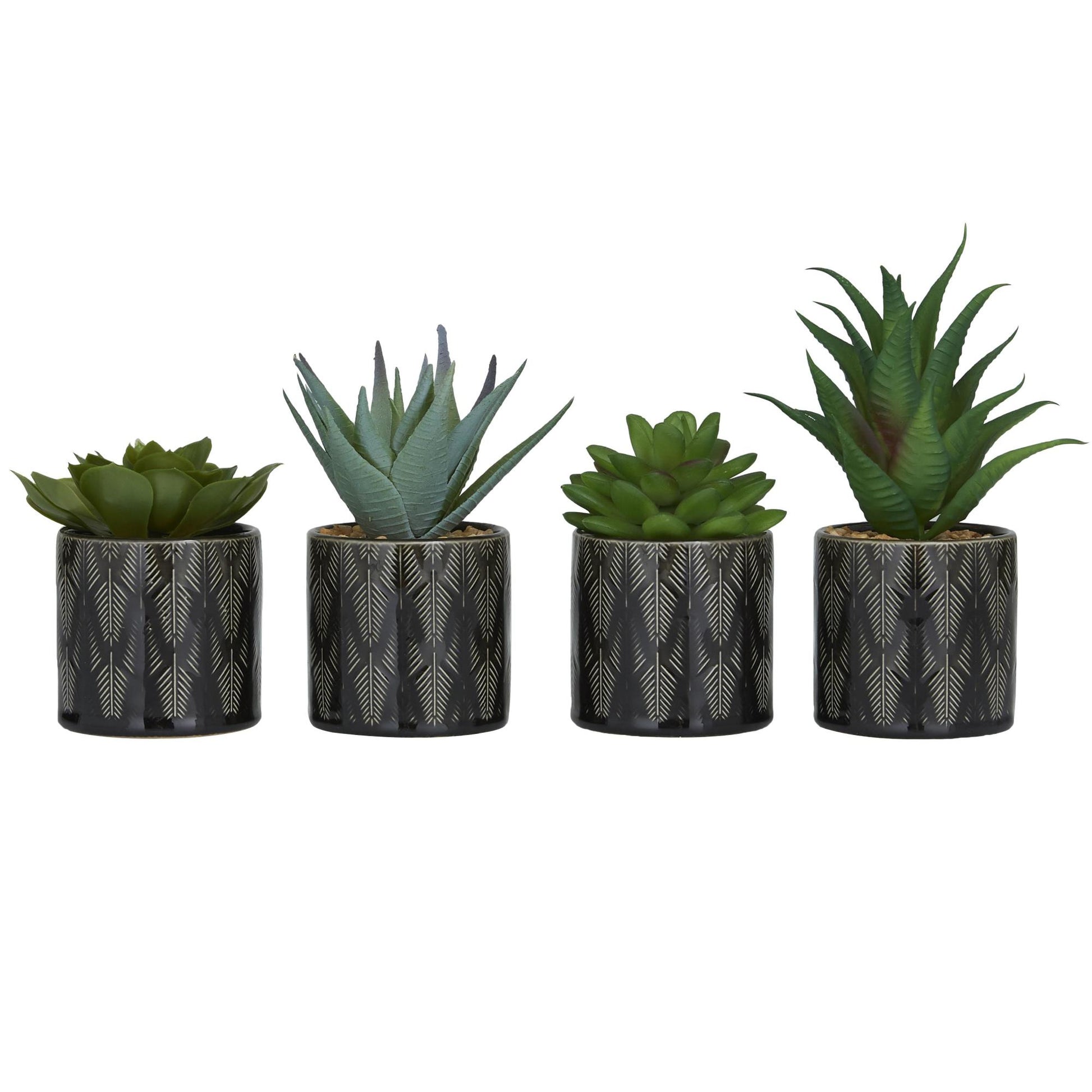 Set of 4 Succulent Green Faux Foliage Indoor Outdoor Artificial Plant with Realistic Leaves and Patterned Pot
