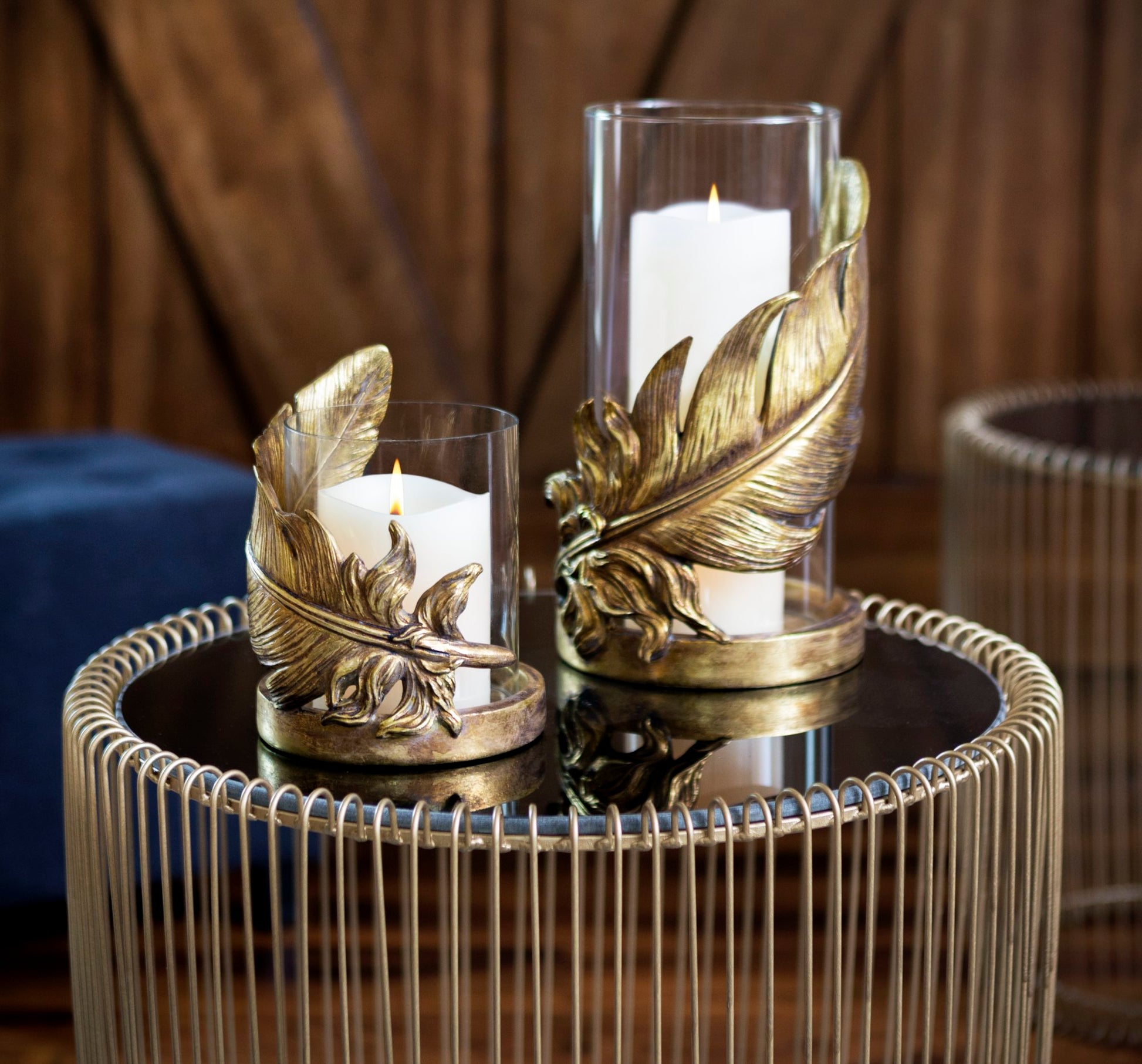Bird Gold Glass Feather Pillar Room Hurricane Lamp