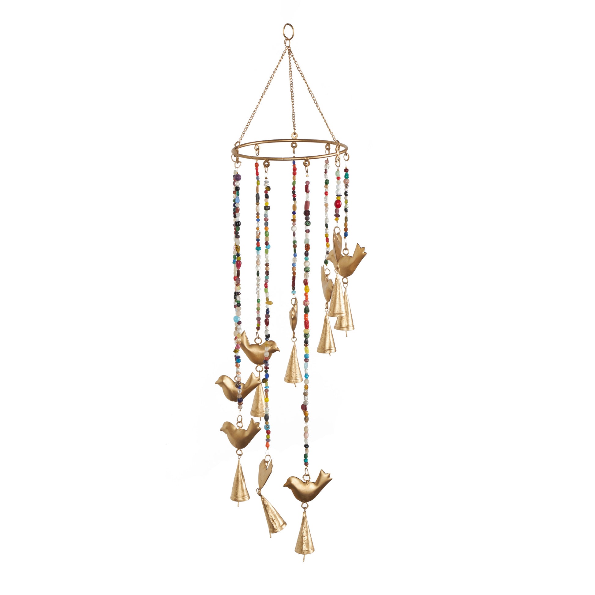 Bird Gold Metal Handmade Indoor Outdoor Windchime with Glass Beads and Cone Bells
