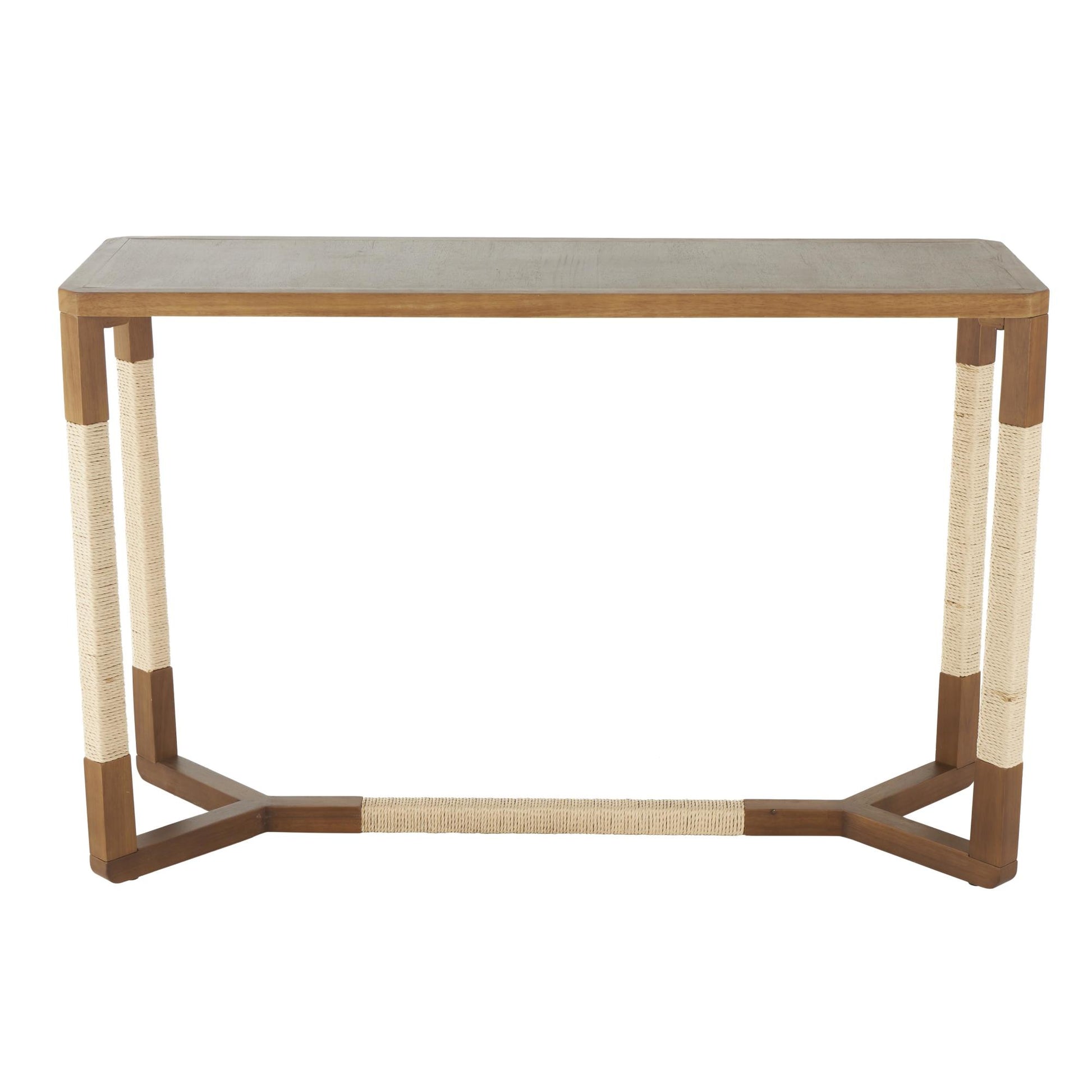Brown Wooden Rectangular Living Room Console Table with Rope Wrapped Frame