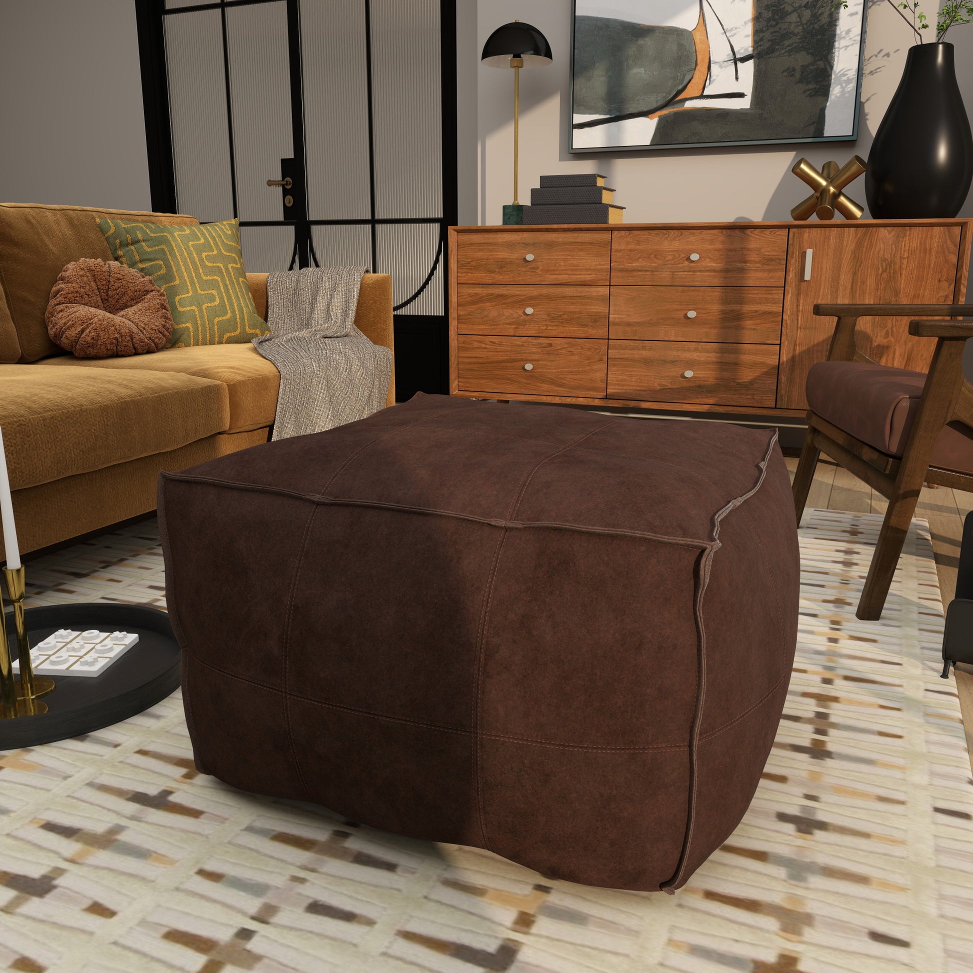 Leather Low Profile Square Stuffed Pouf with Patchwork Design