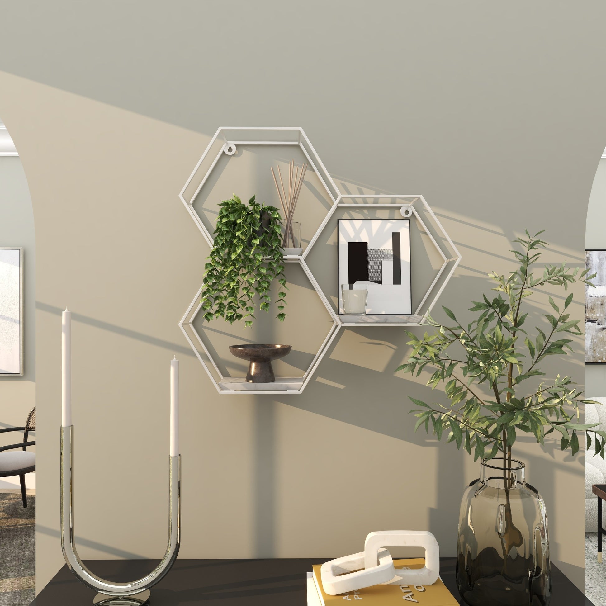 Geometric Metal Hexagon 3 Marble Shelves Room Wall Shelf with 3 Marble Shelves 26" x 5" x 24"
