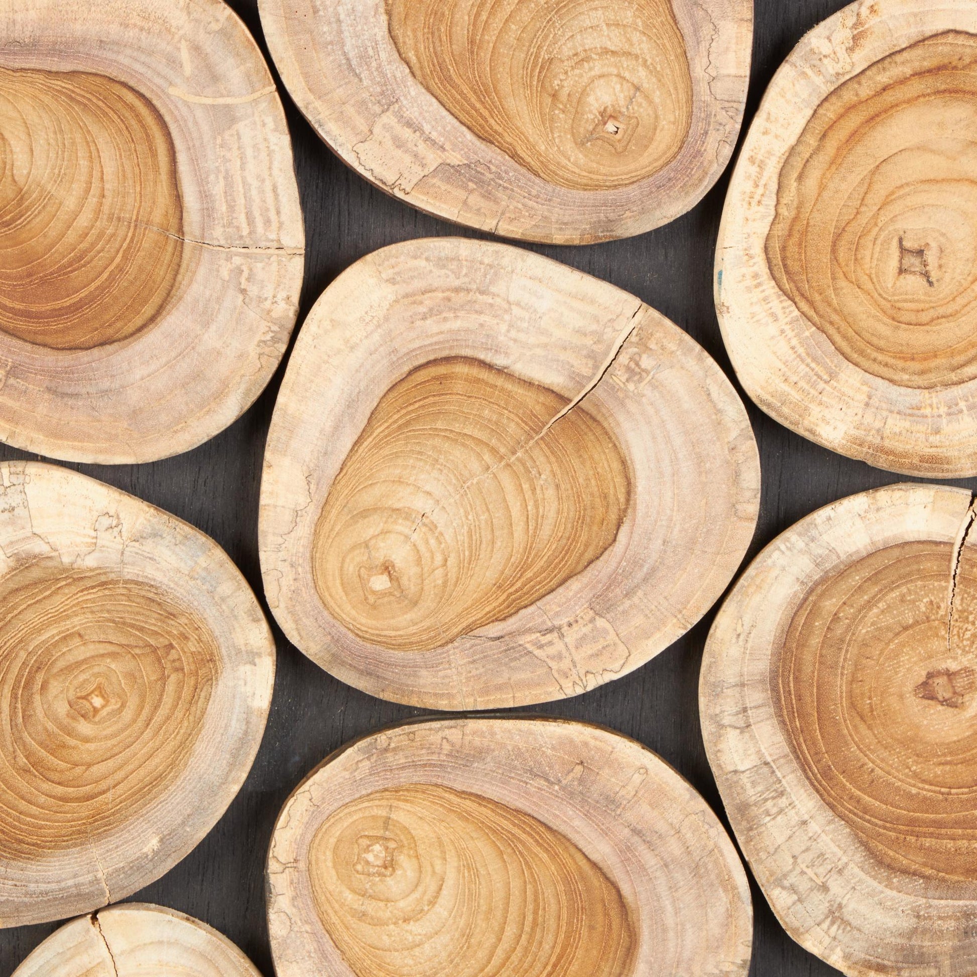 Abstract Brown Teak Wood Handmade Round Mosaic Inspired Wood Slab Home Wall Decor with Black Backing