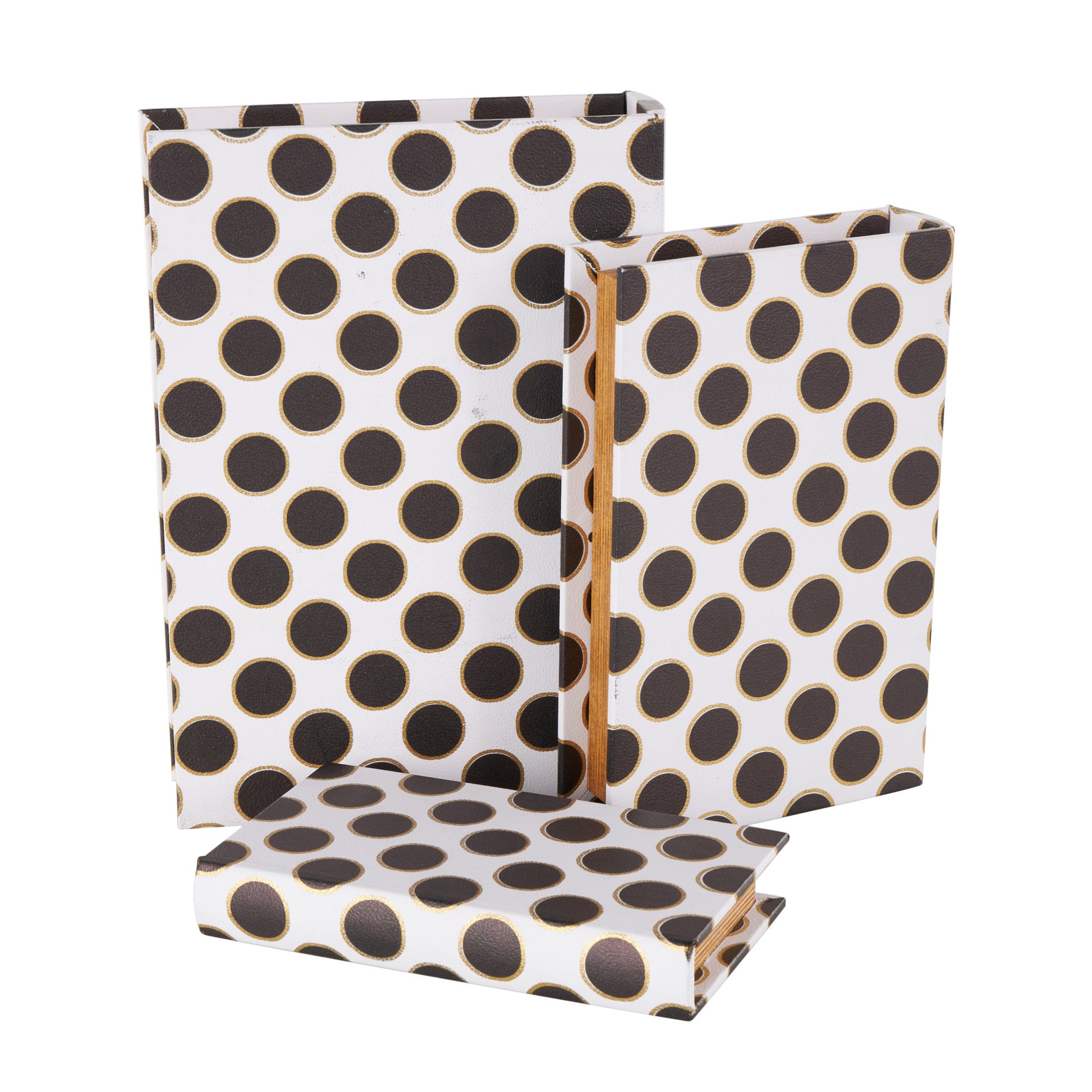 Set of 3 White Faux Leather Polka Dot Faux Book Storage Decorative Box with Black and Metallic Gold Accents