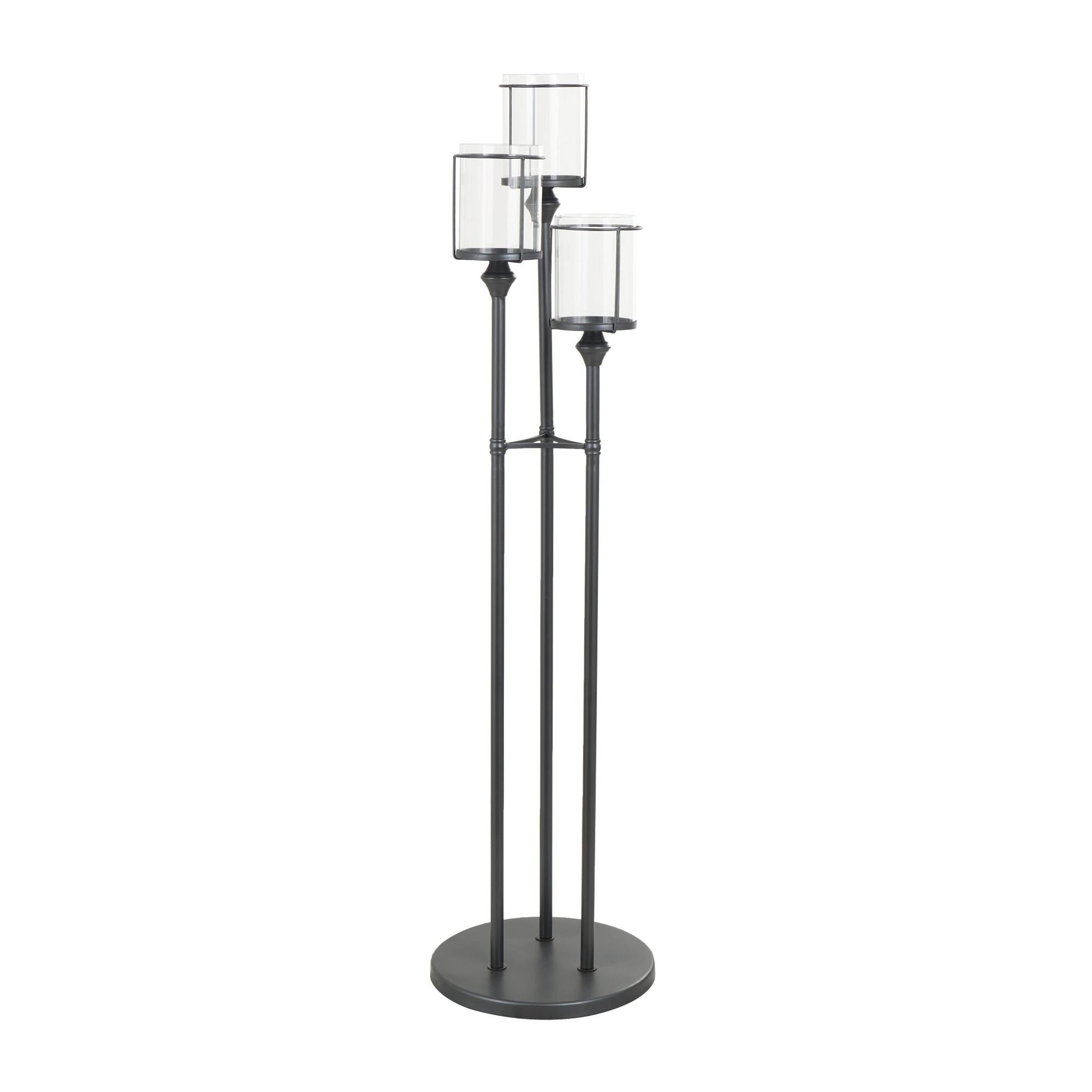 Black Metal Tall Floor Room Hurricane Lamp with 3 Posts and Round Base