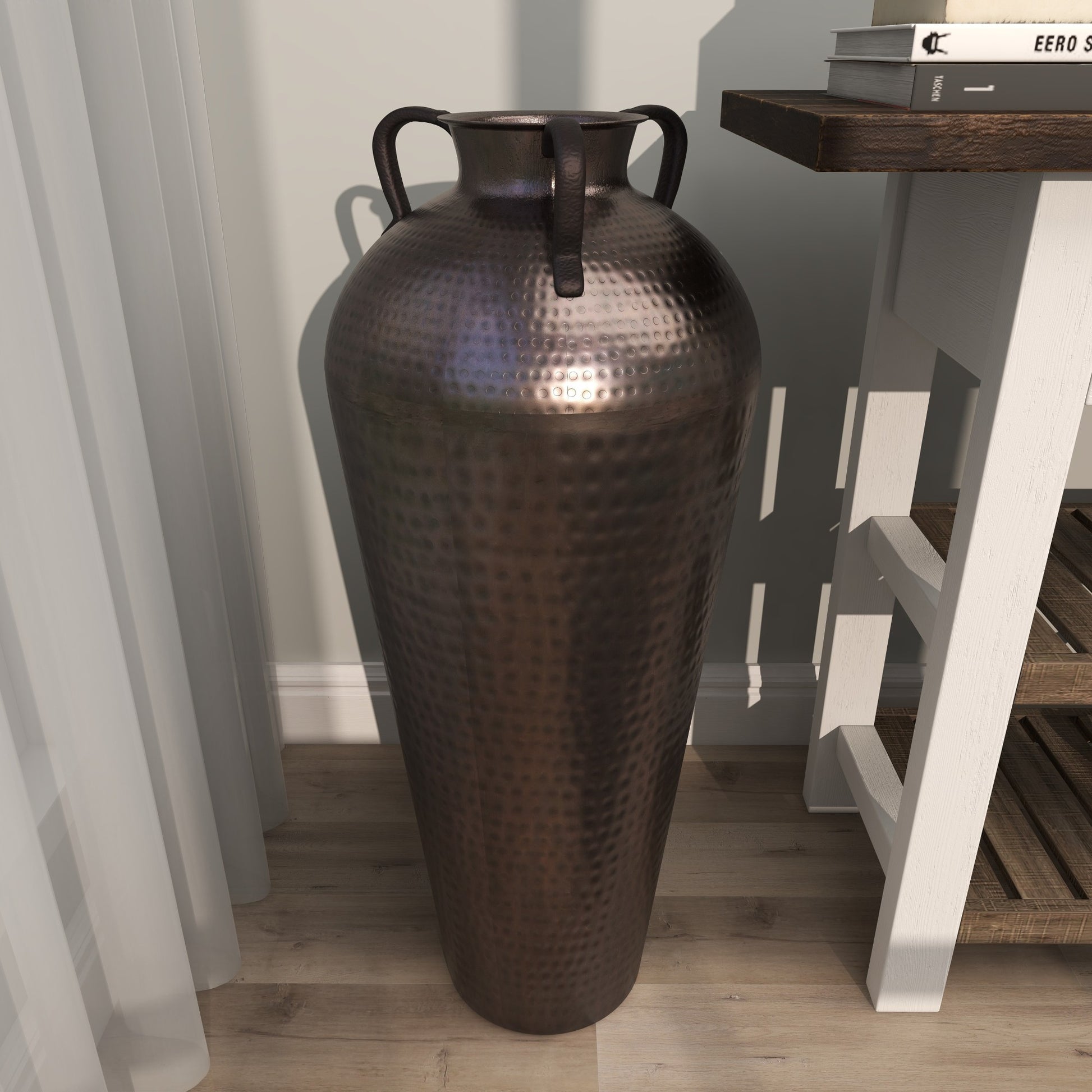 Brown Metal Tall Floor Mediterranean Style Decorative Vase with Hammered Details and Handles